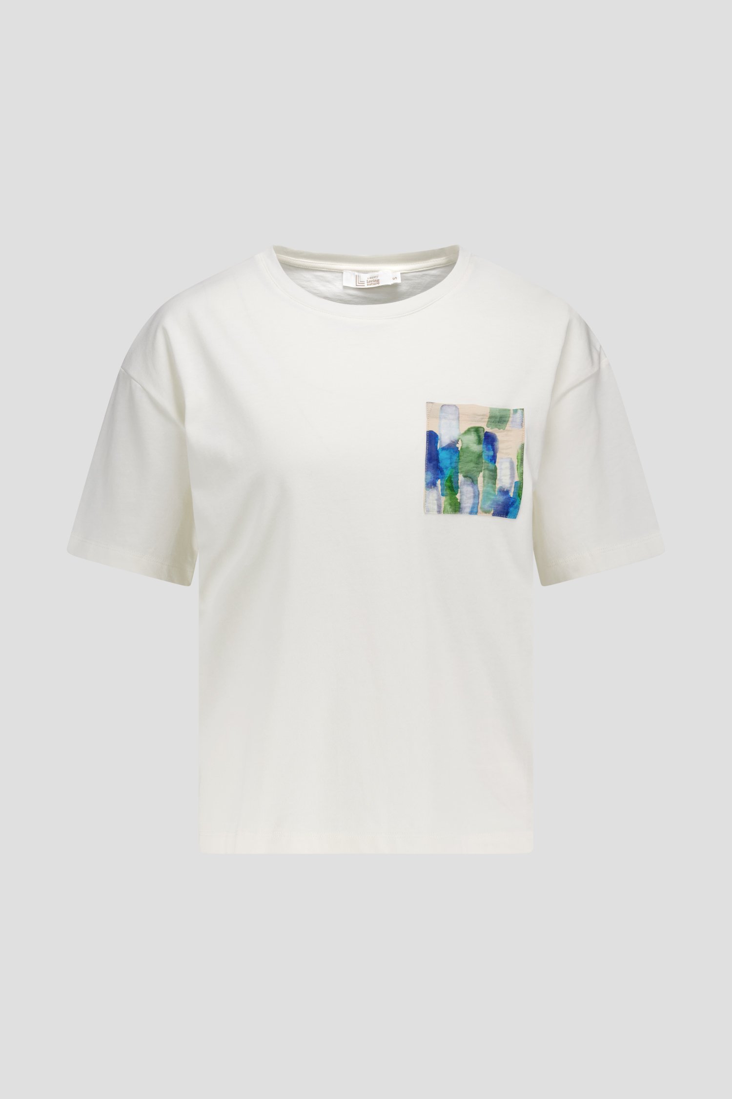 Ecru T-shirt met blauw-groene print van Liberty Loving nature voor Dames