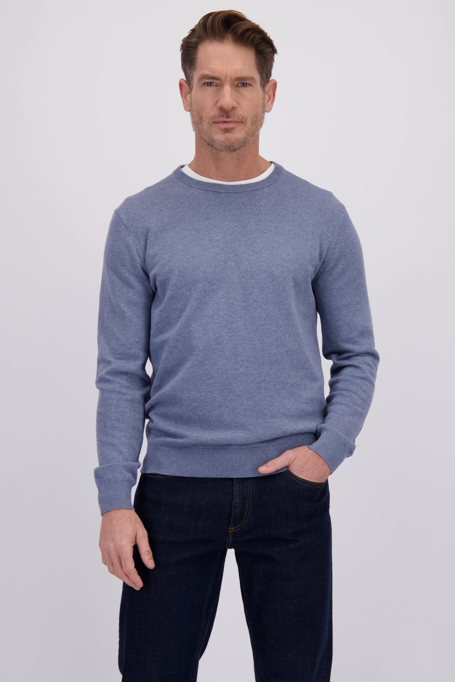 Le devant de Fin pull bleu à col rond de Dansaert Blue pour Hommes