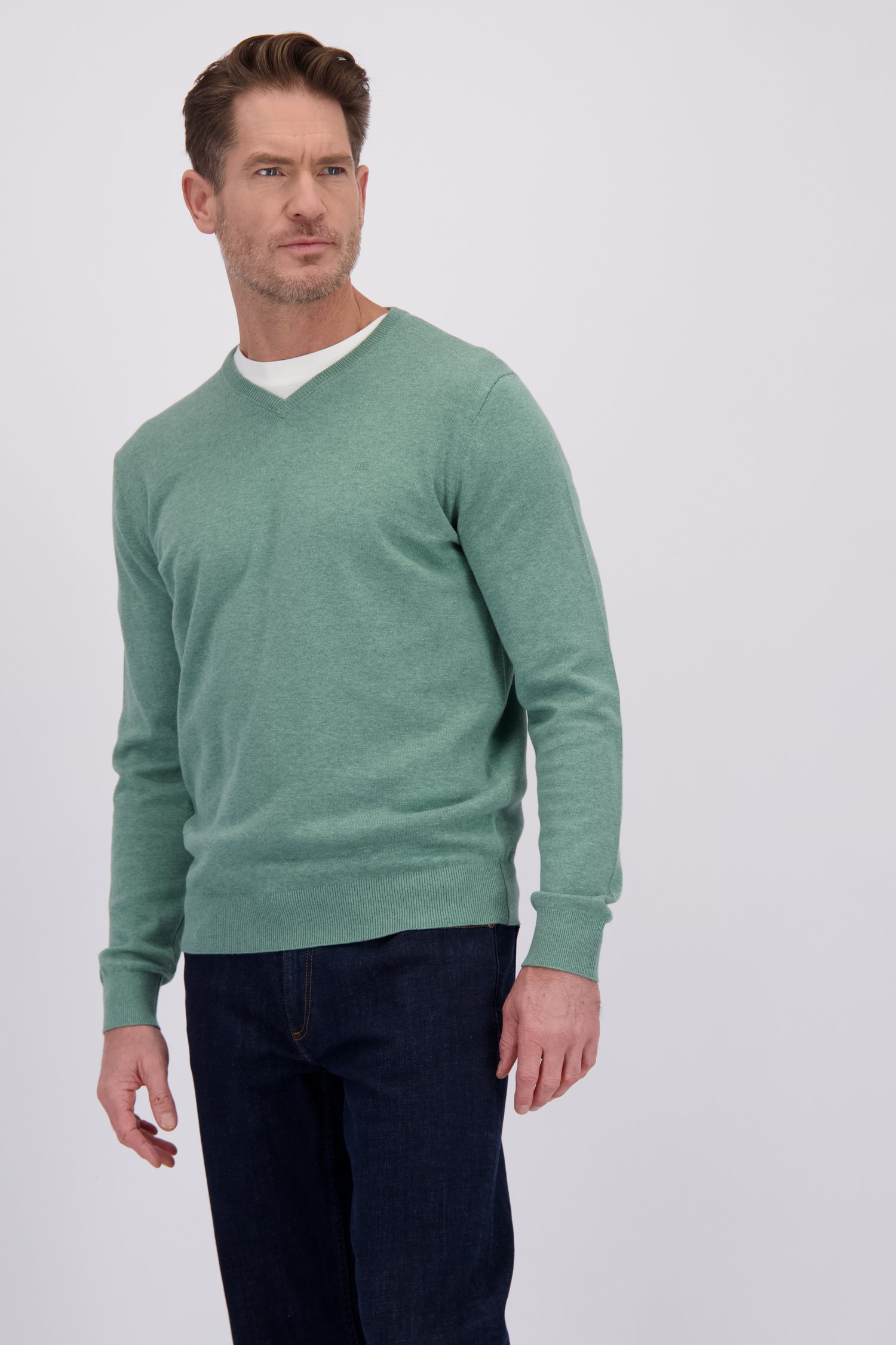 Le devant de Fin pull vert à col en V  de Dansaert Blue pour Hommes