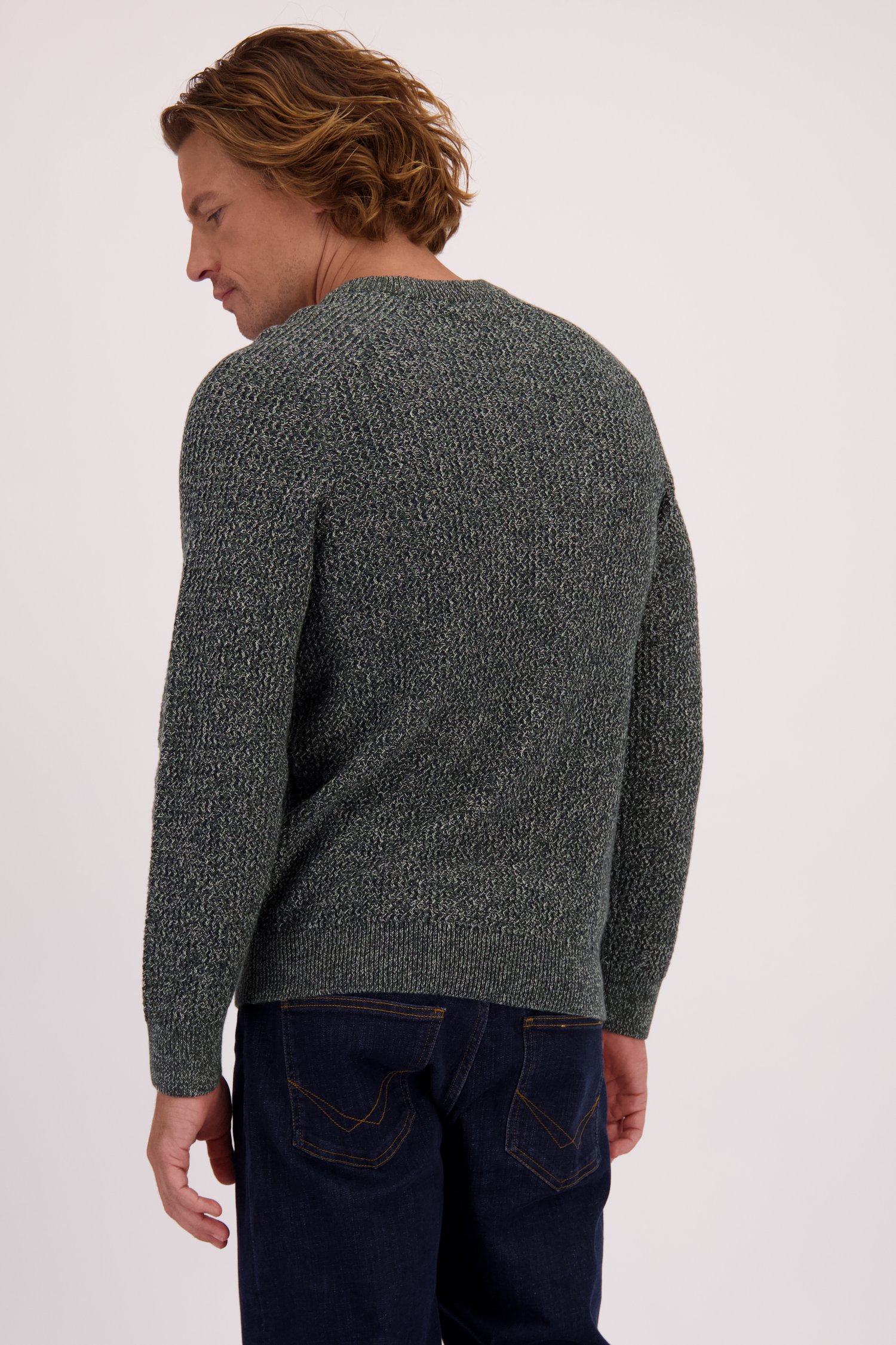 Achterkant van Gemêleerd blauw-groene trui met ronde hals  door Ravøtt voor Heren