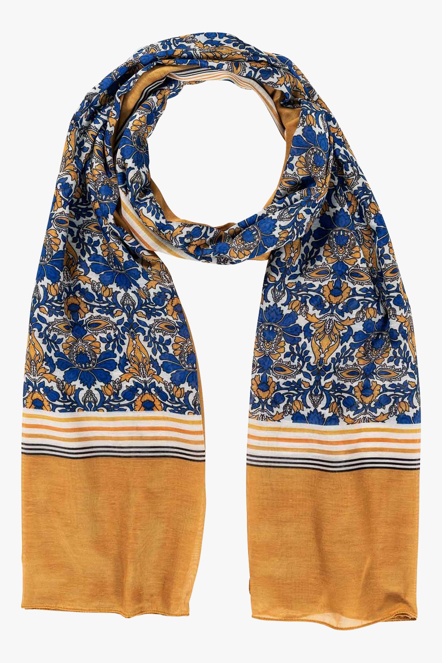 Kunstmatig Algebraïsch spanning Goudkleurige sjaal met blauwe bloemenprint van More & More | 9696259 | e5