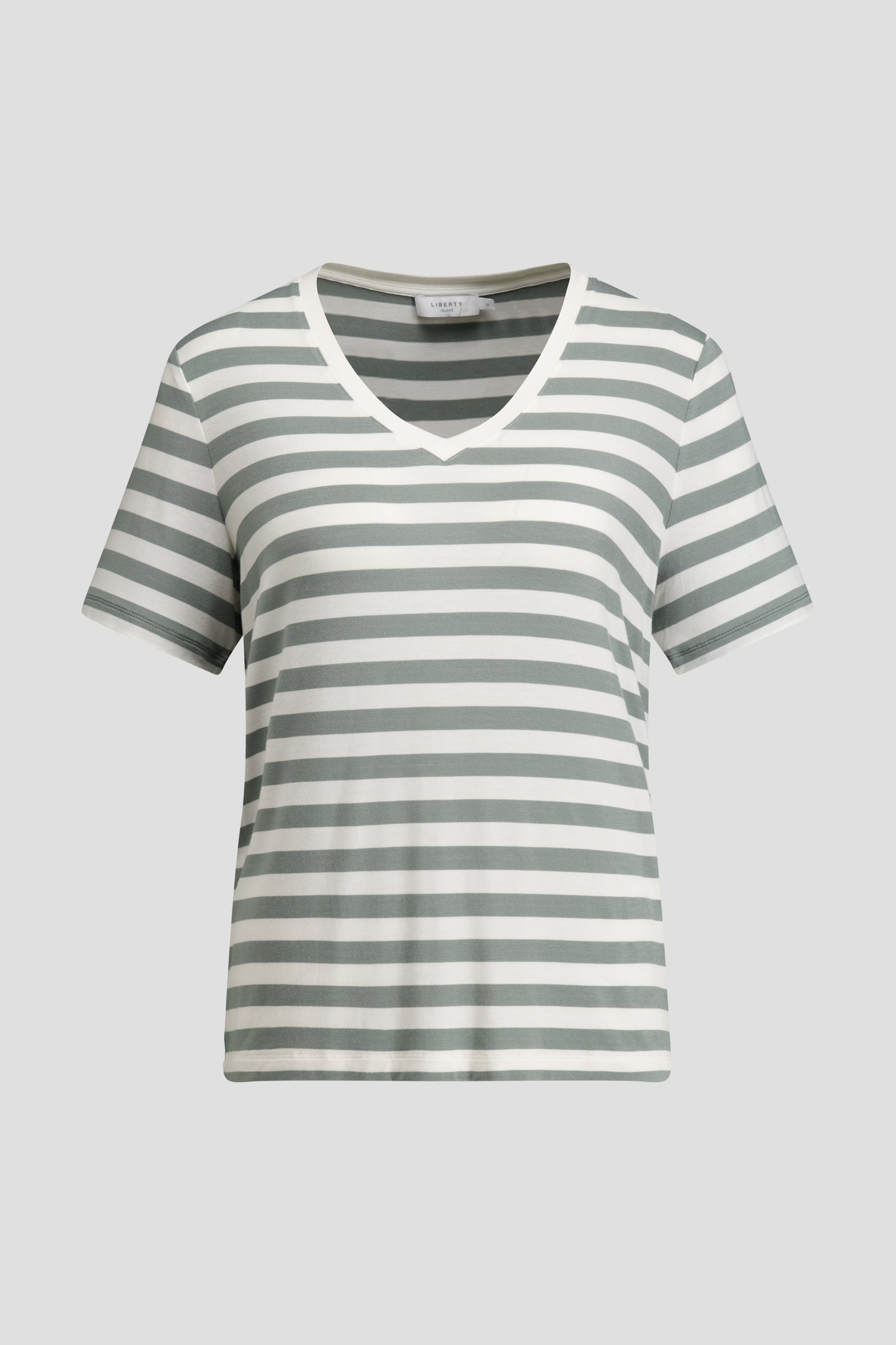 Productfoto 1 van Groen-wit gestreepte T-shirt met V-hals door Liberty Island voor Dames