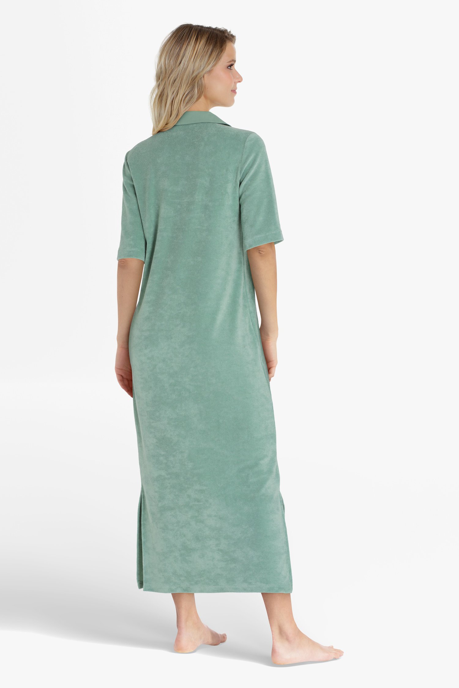 Lang zeegroen kleed in badstof van Liberty Island homewear voor Dames