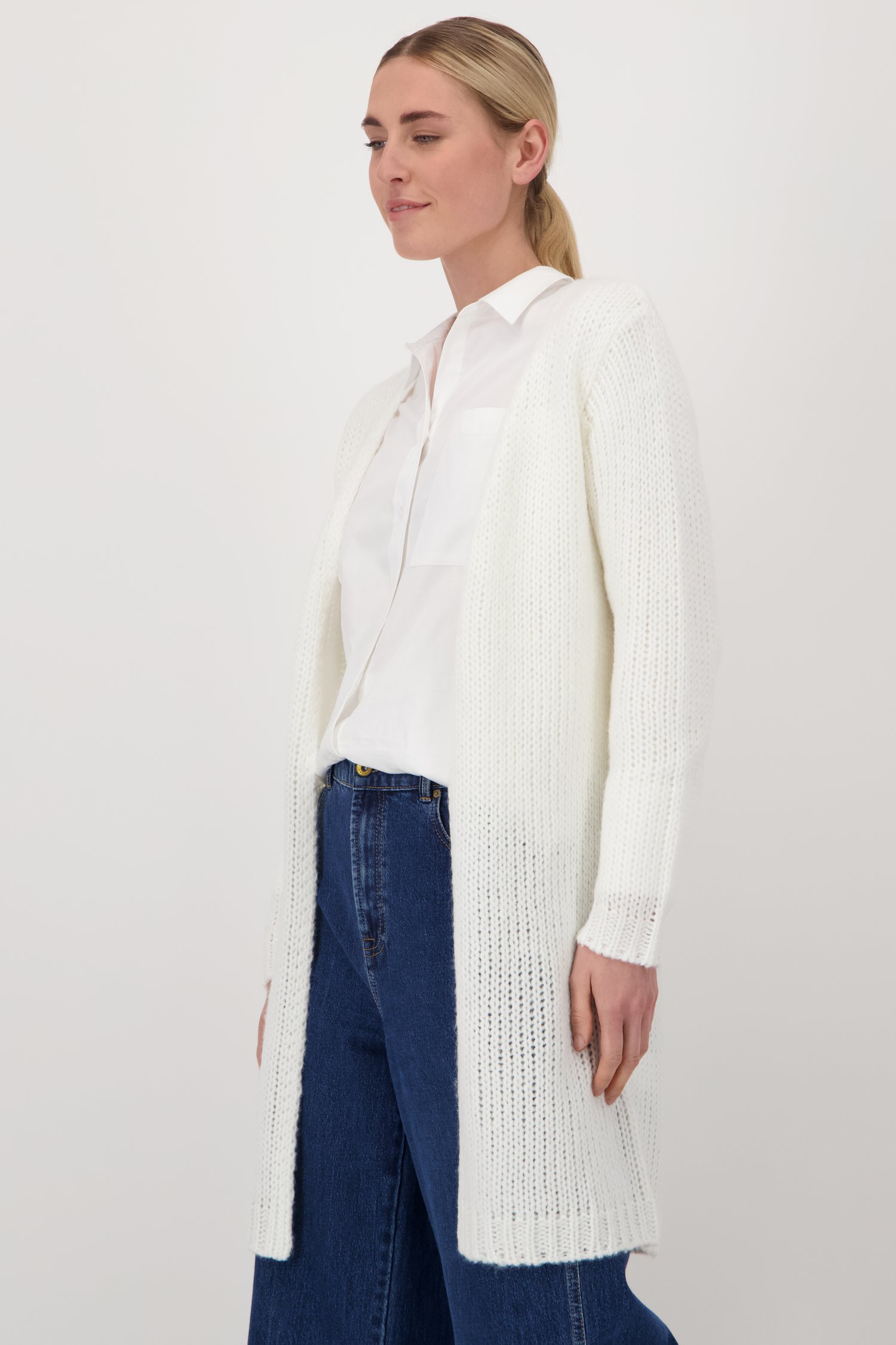 Voorkant van Lange gebreide ecru cardigan door Liberty Island voor Dames