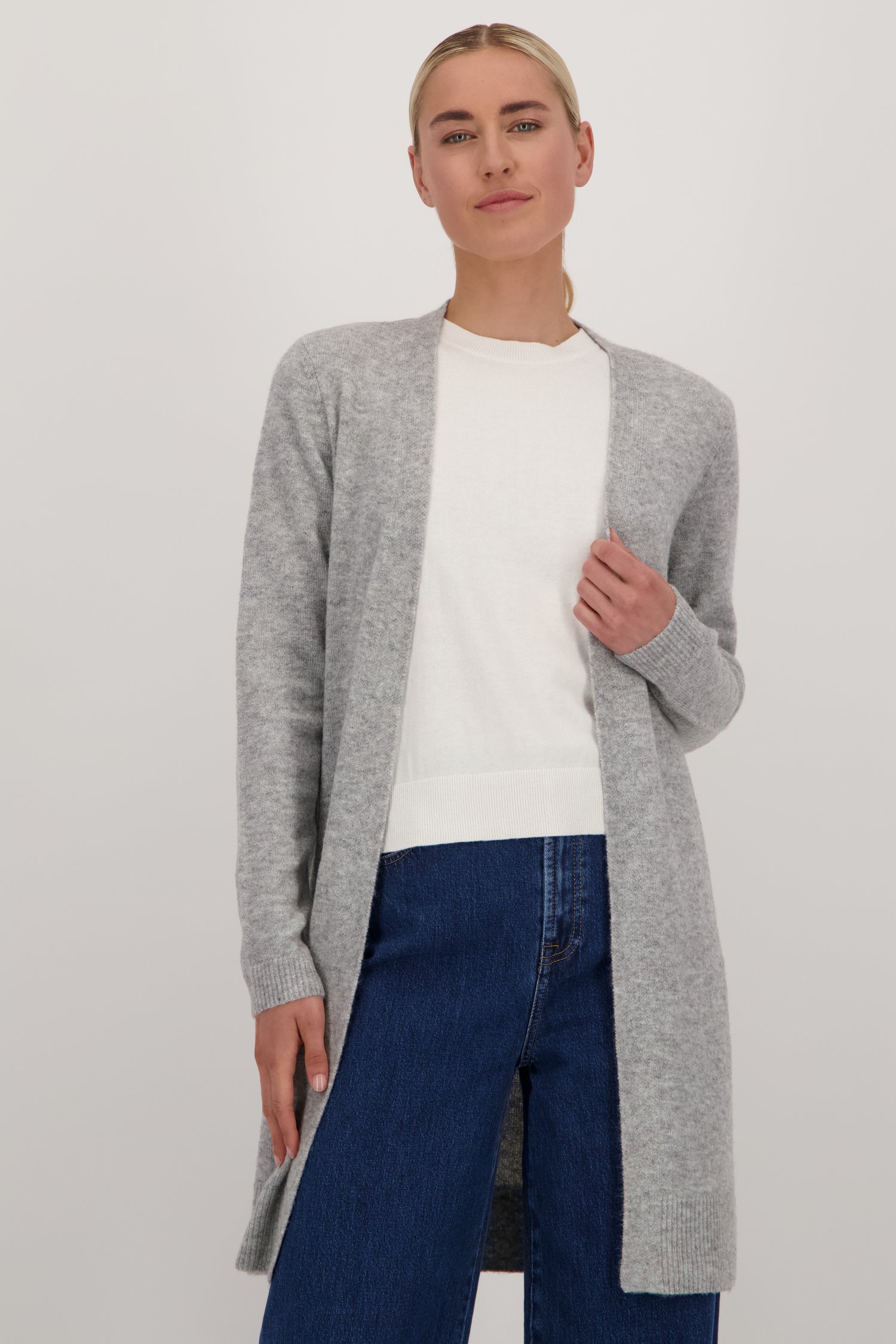 Voorkant van Lange lichtgrijze cardigan zonder knopen door Liberty Island voor Dames