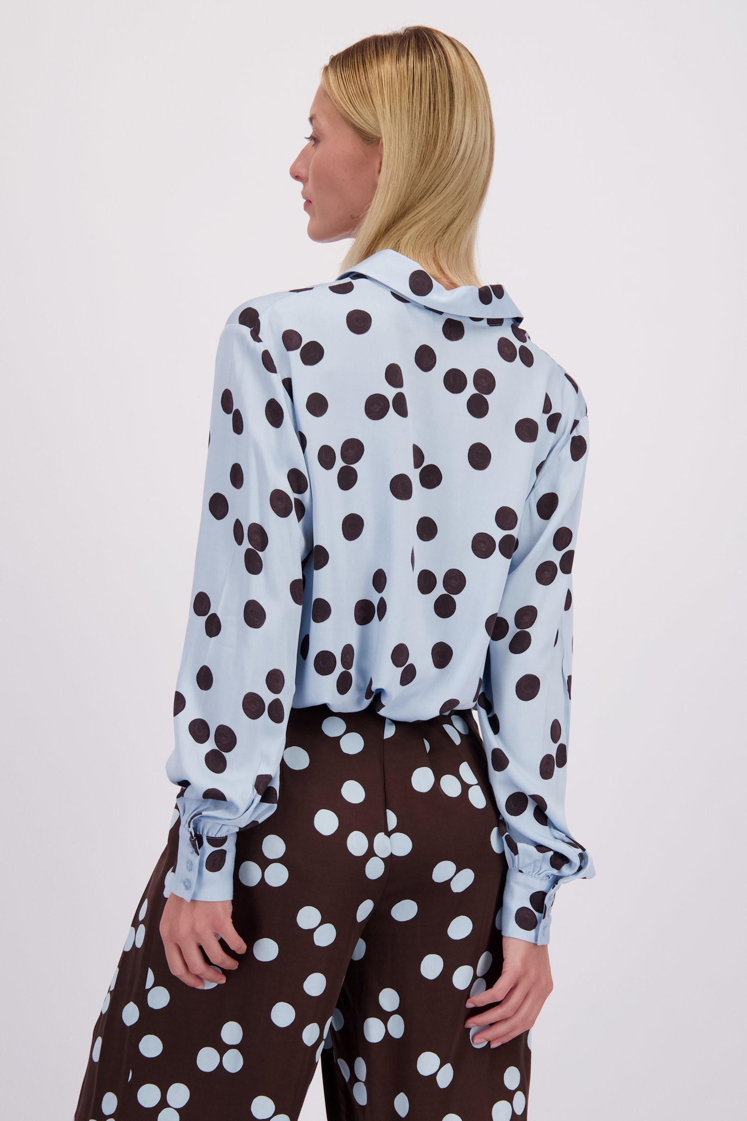 Achterkant van Lichtblauwe blouse met bruine stippenprint door D'Auvry voor Dames