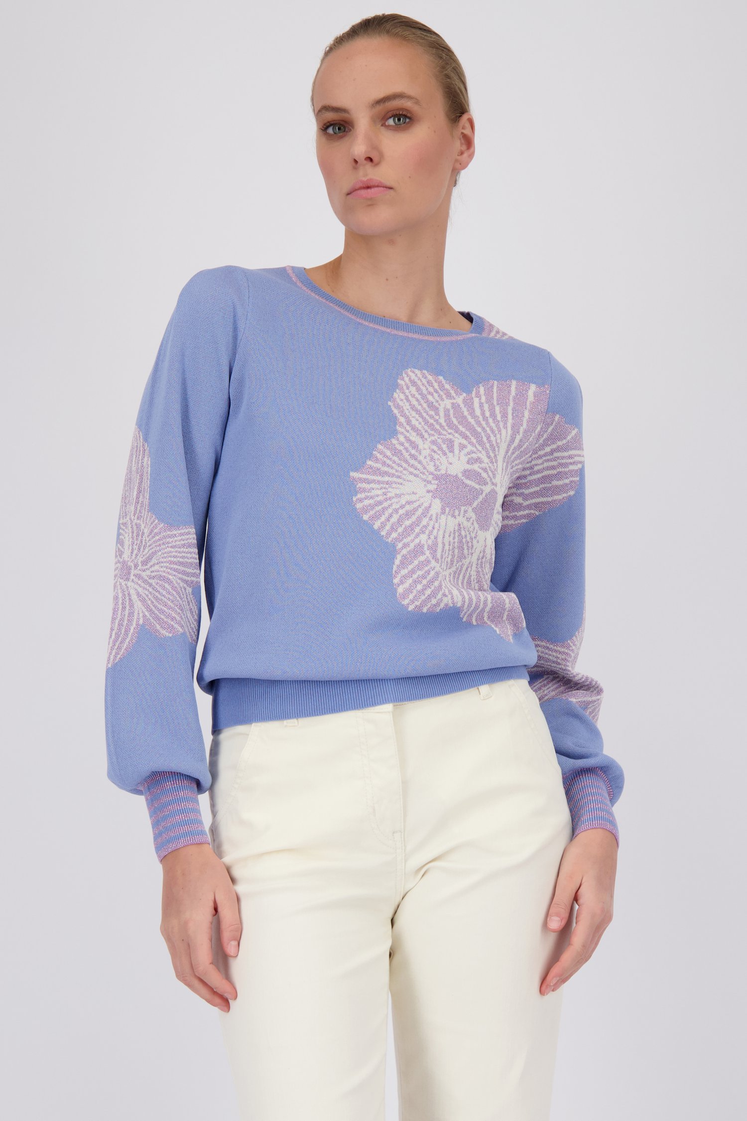 Lichtblauwe gebreide trui met bloemenprint van D'Auvry voor Dames
