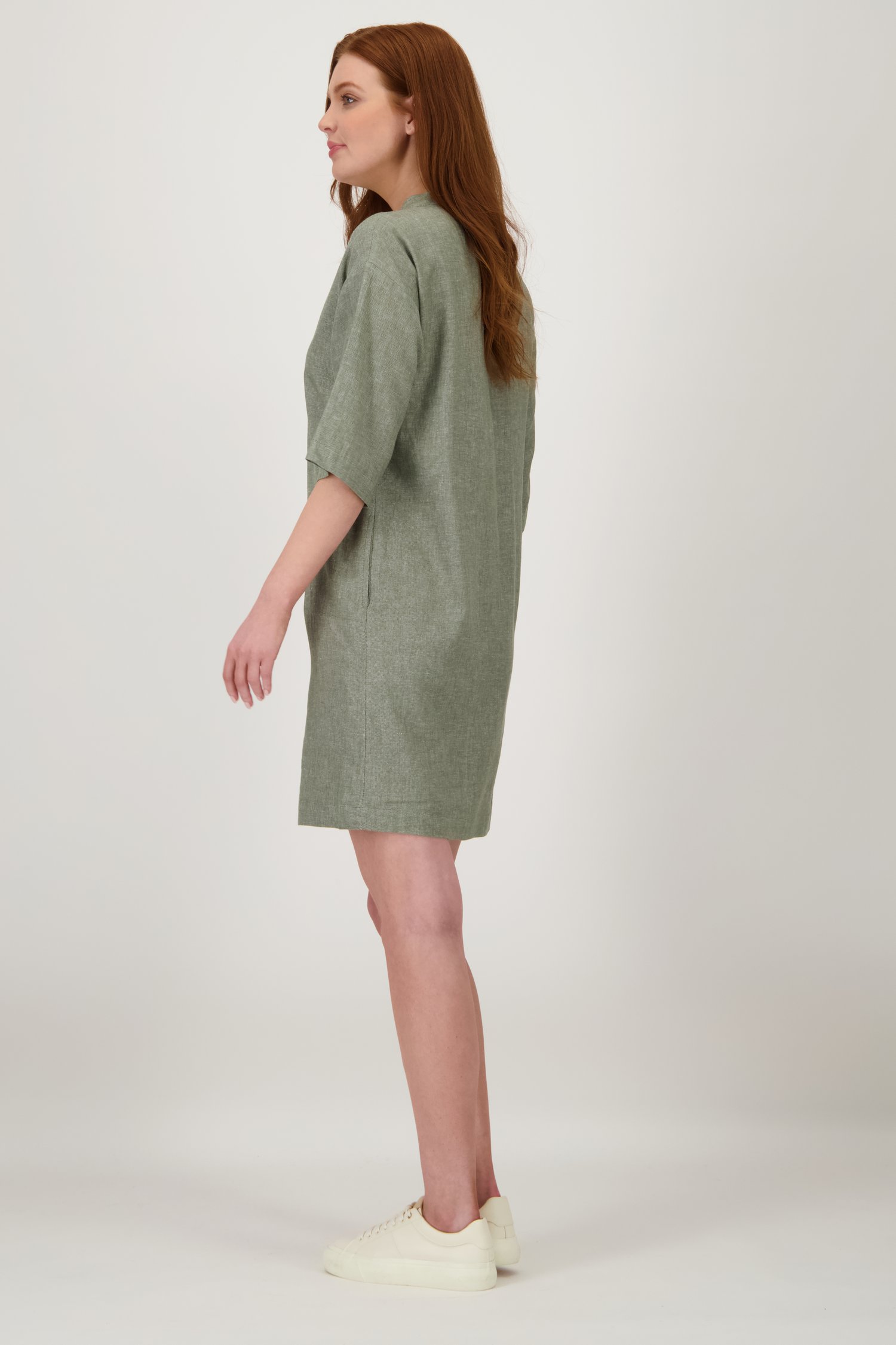 Achterkant van Linnen groen-grijs kleedje met V-hals door Libelle voor Dames