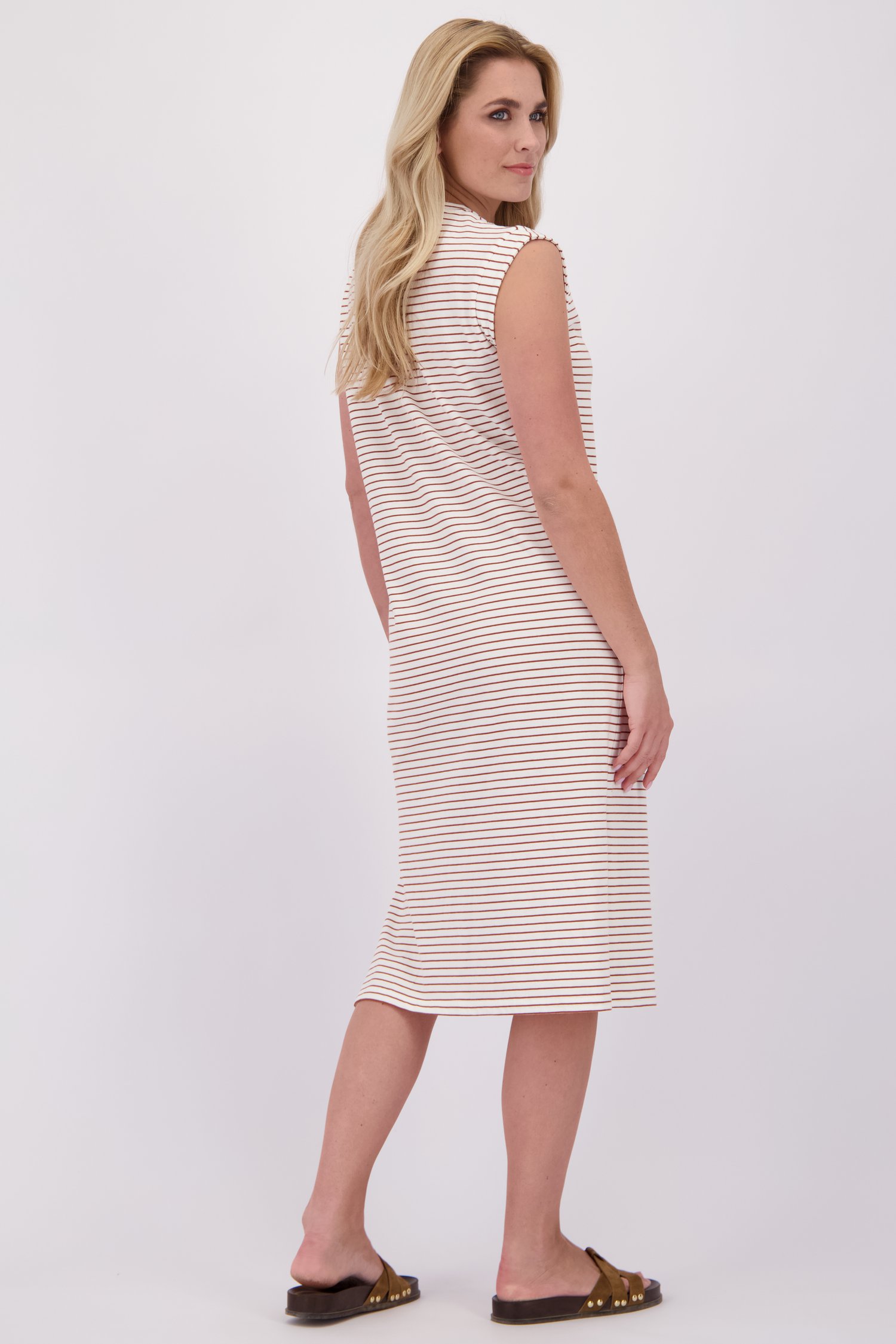 Achterkant van Midi-kleedje met witte-chocoladebruine strepen  door Liberty Loving nature voor Dames