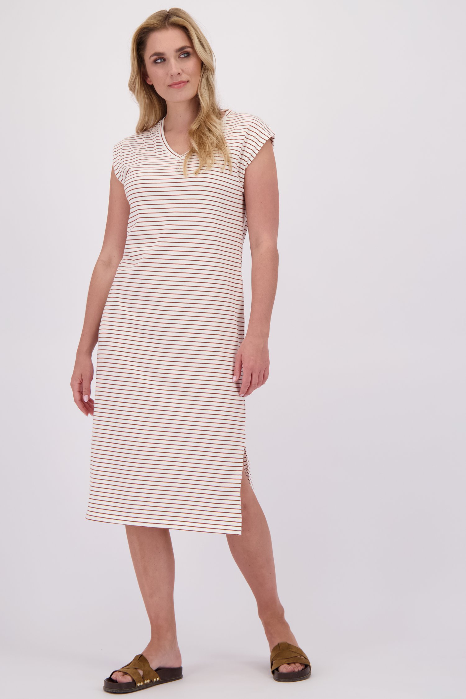Voorkant van Midi-kleedje met witte-chocoladebruine strepen  door Liberty Loving nature voor Dames