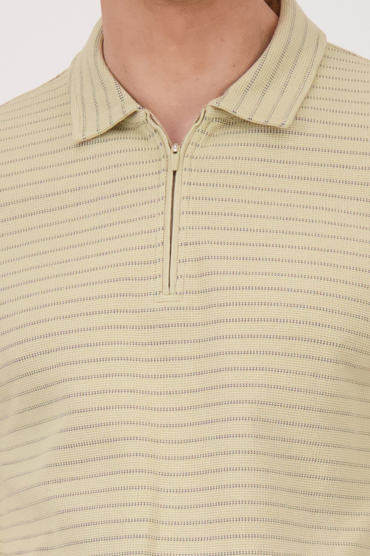 Polo beige à rayures bleues avec fermeture courte  de Casual Five pour Hommes
