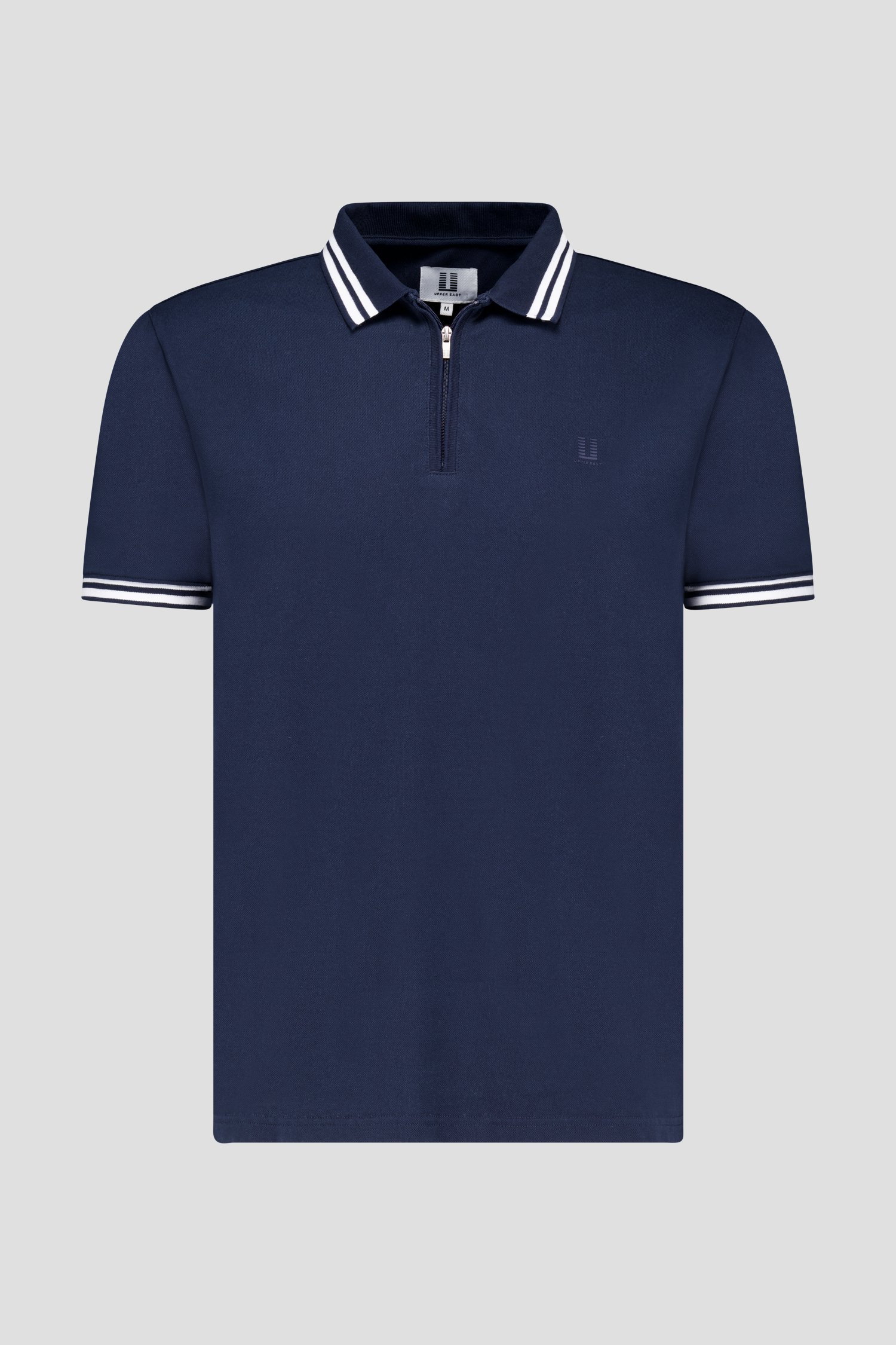 Polo bleu à fermeture éclair et rayures blanches de Upper East pour Hommes