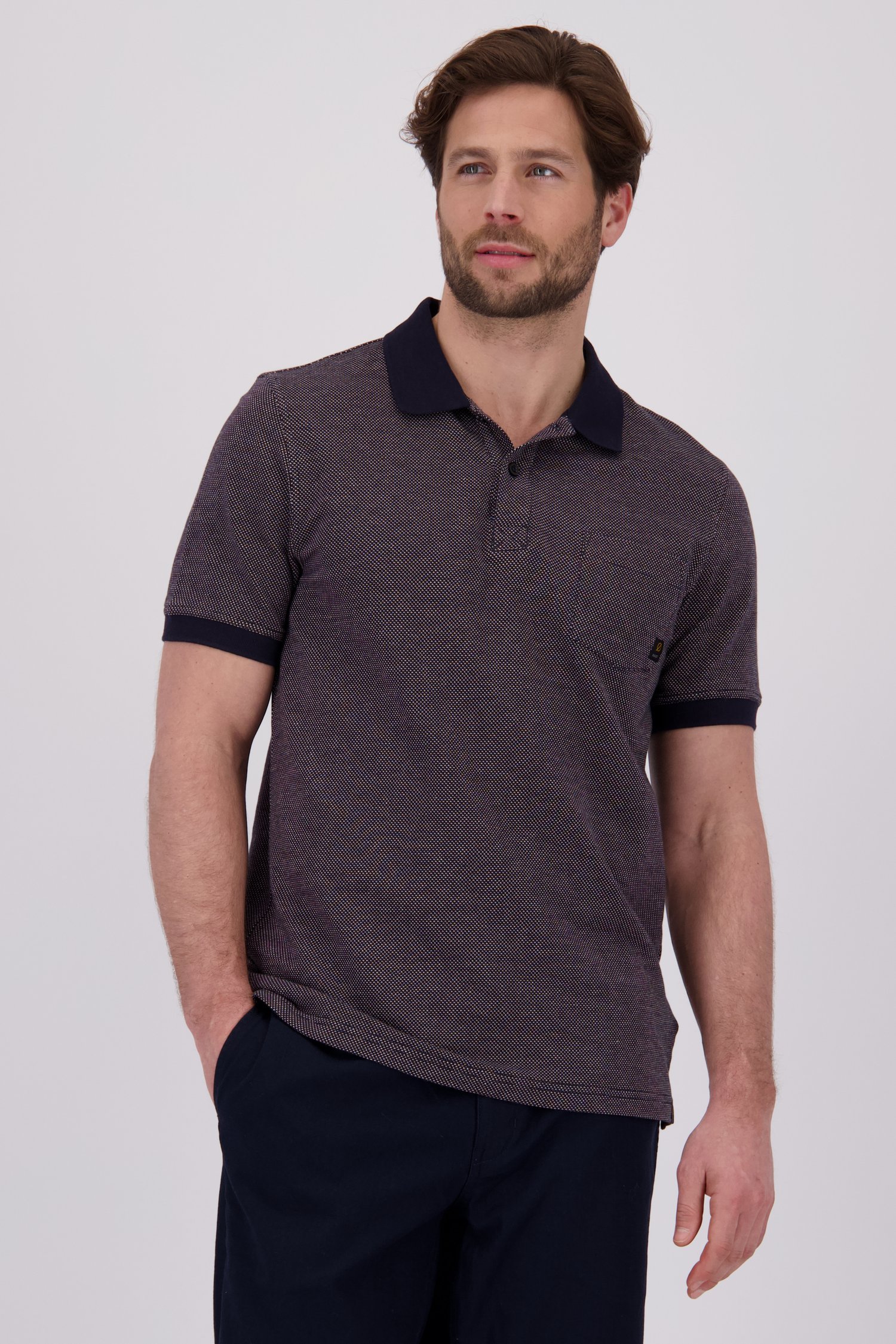 Polo bleu marine avec motif fin blanc-orange de Ravøtt pour Hommes