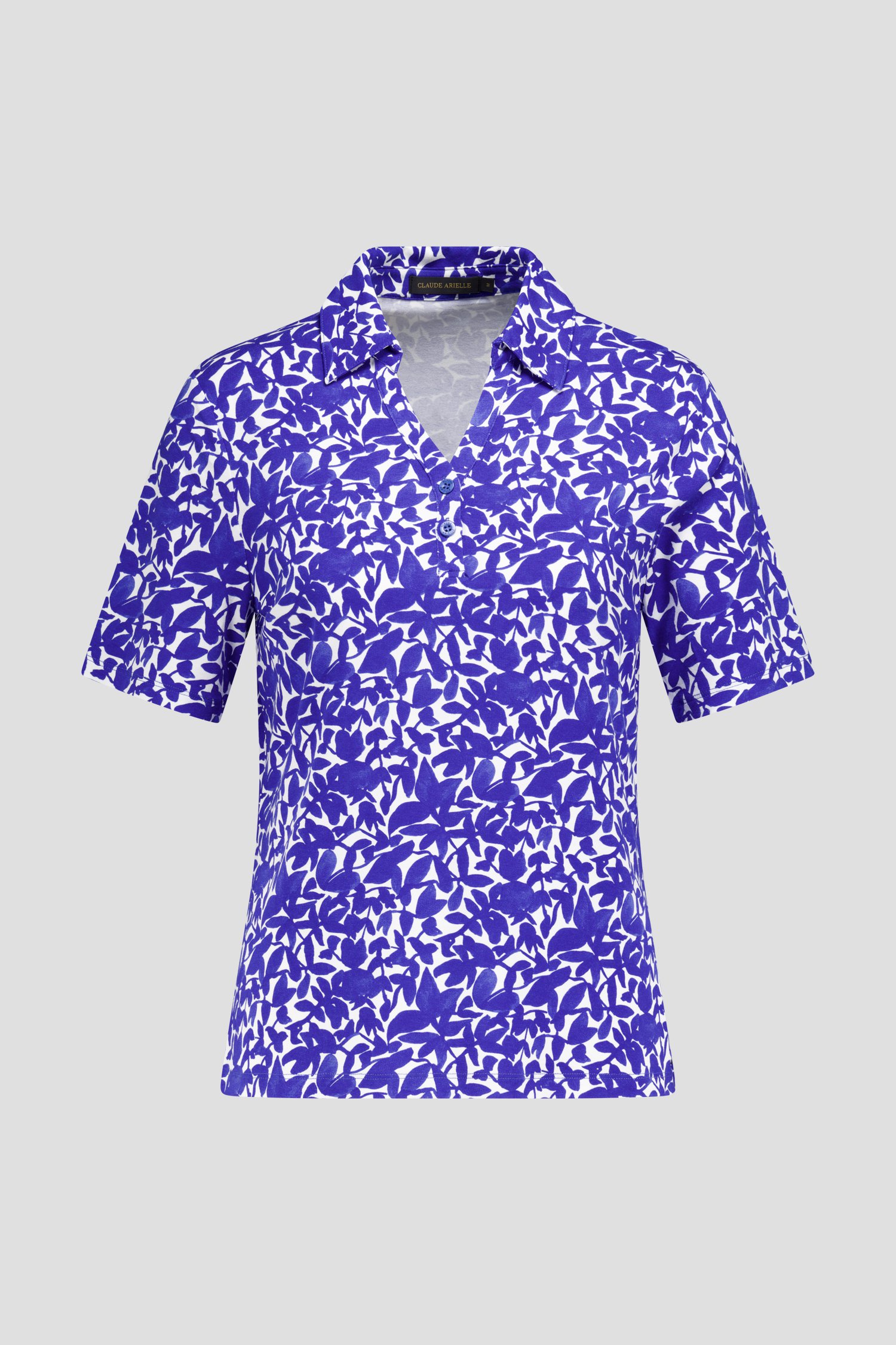 Polo écru avec imprimé de feuilles bleues de Claude Arielle pour Femmes