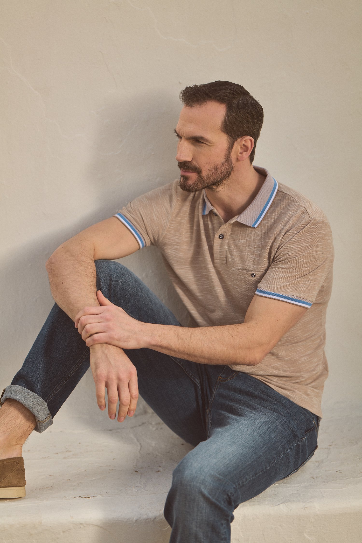 Polo marron clair avec bande bleue au col de Dansaert Blue pour Hommes