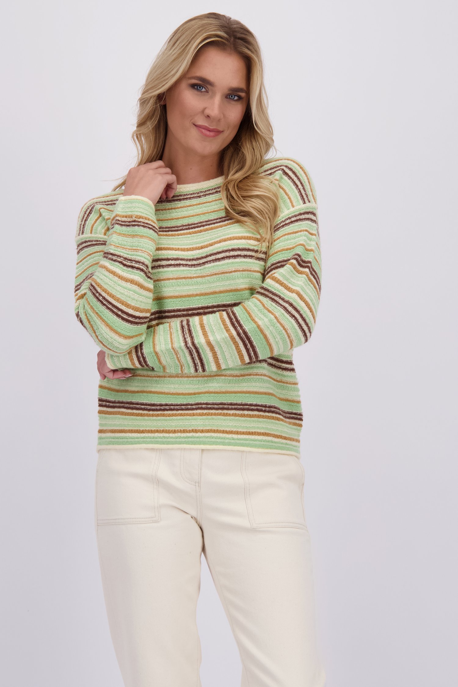 Le devant de Pull à motif rayé vert et brun de Libelle pour Femmes