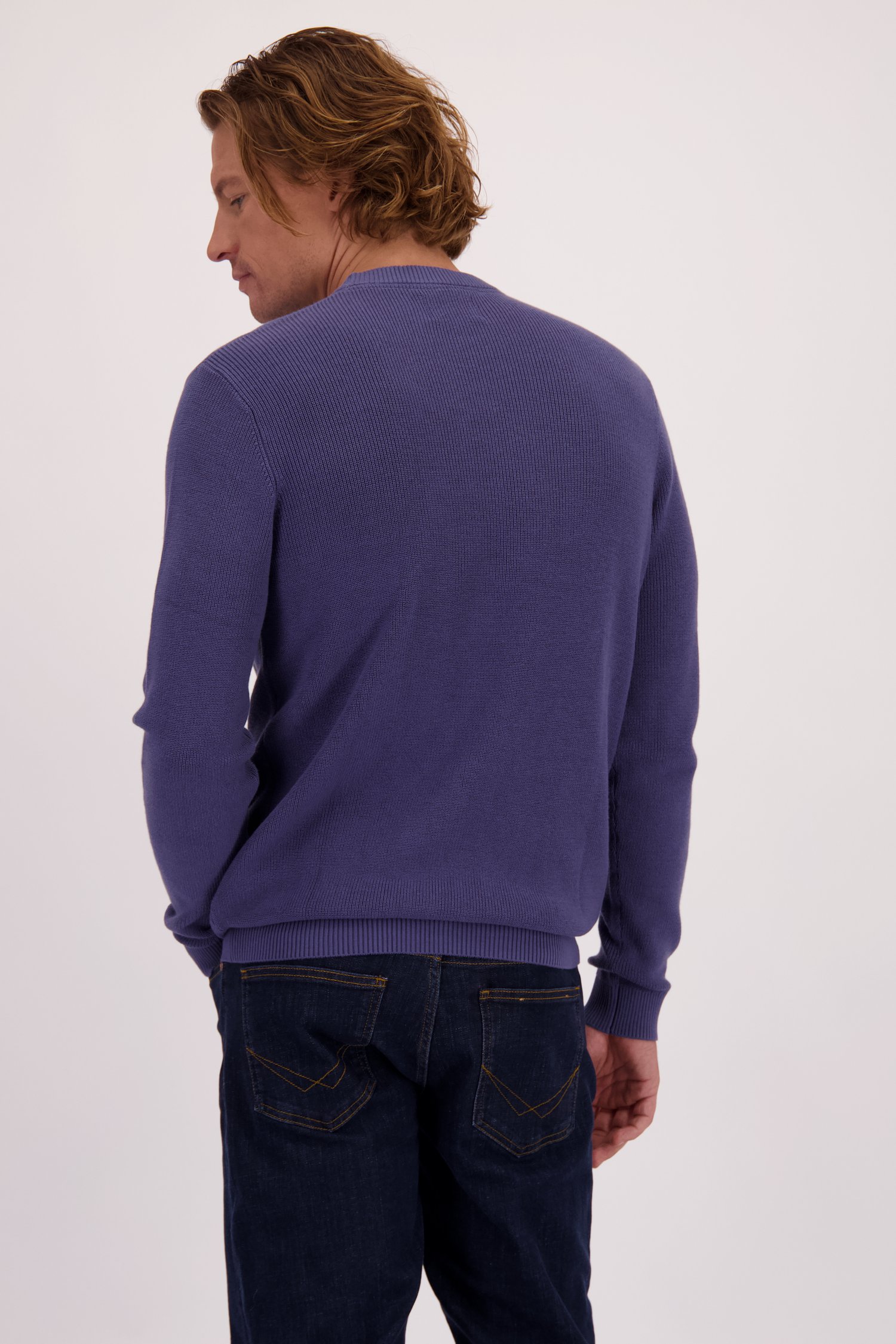 Le dos de Pull bleu à col rond de Ravøtt pour Hommes