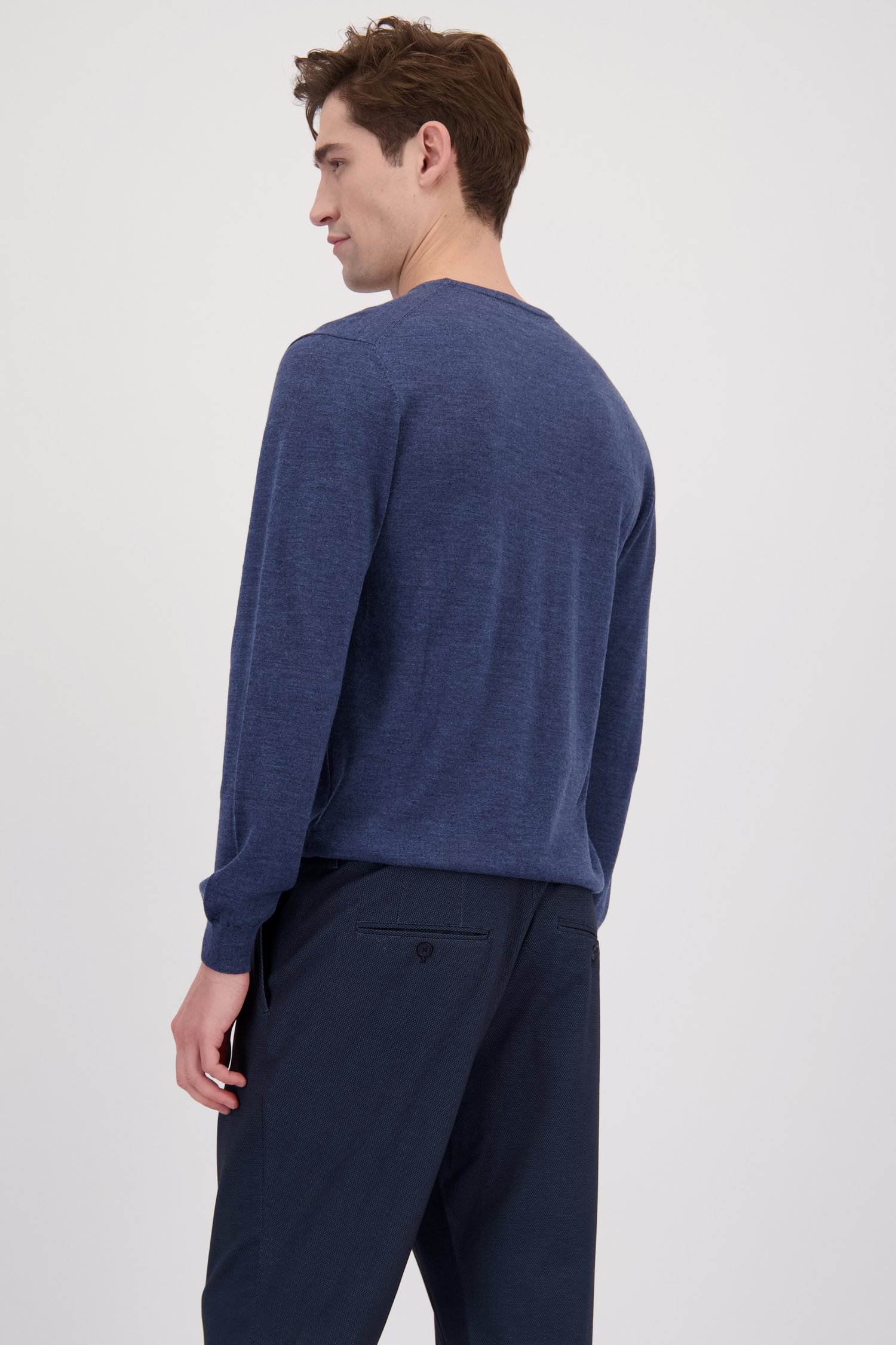 Le dos de Pull bleu chiné en laine mérinos à col rond de Matinique pour Hommes