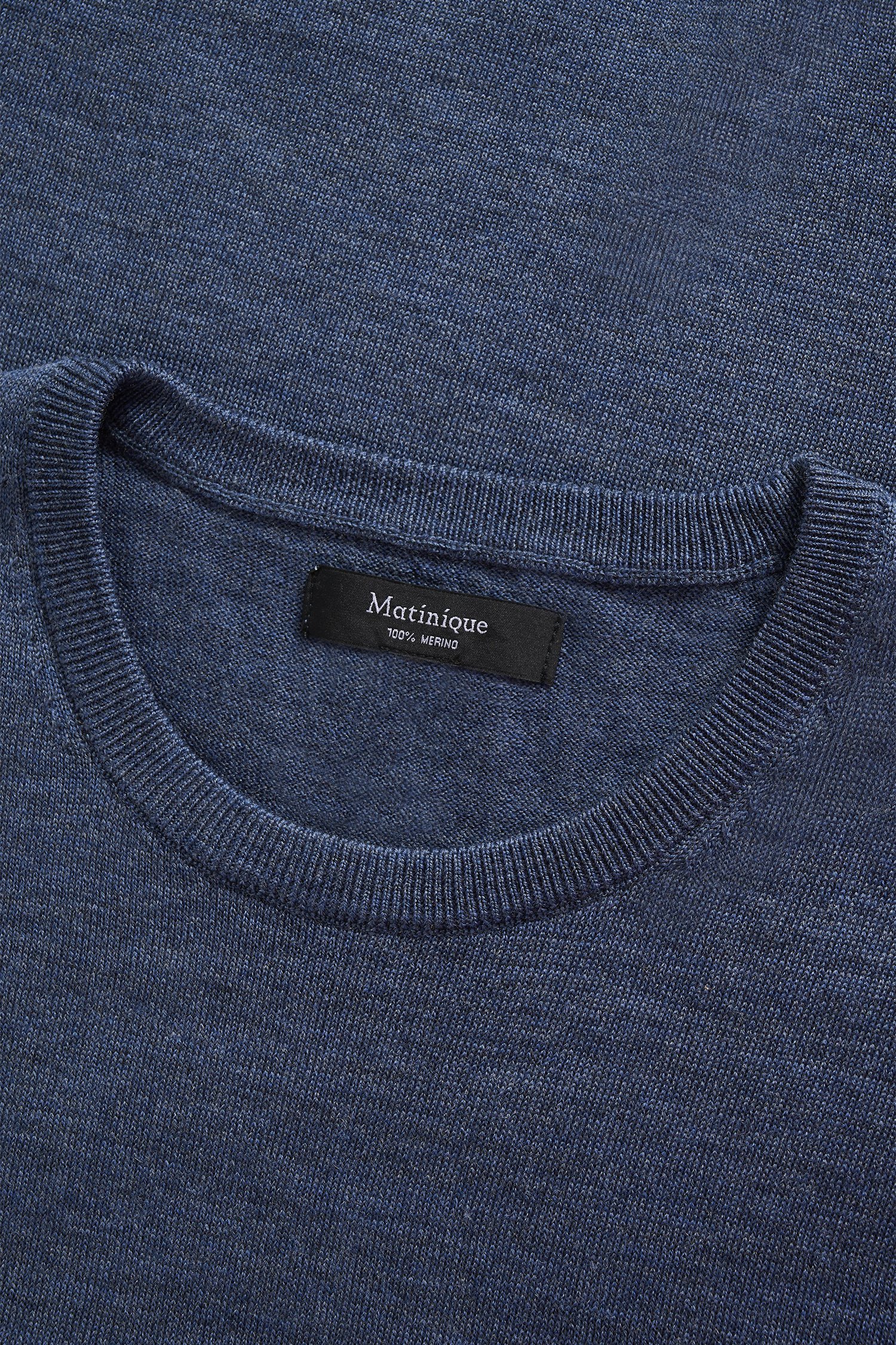 Photo produit 2 de Pull bleu chiné en laine mérinos à col rond de Matinique pour Hommes