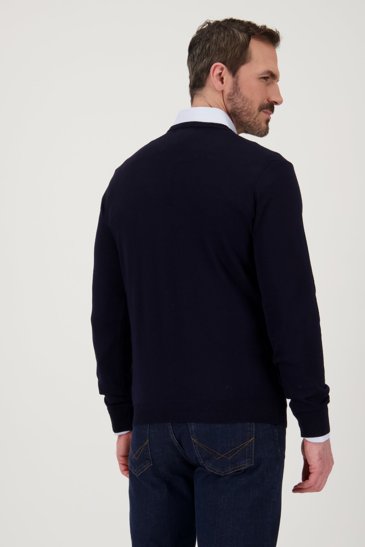 Le dos de Pull bleu foncé avec col en V et laine de Dansaert Black Premium pour Hommes
