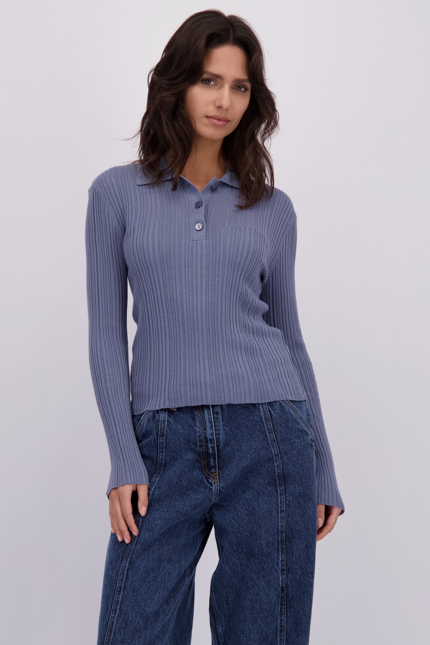 Le devant de Pull bleu gris à col polo de Louise pour Femmes