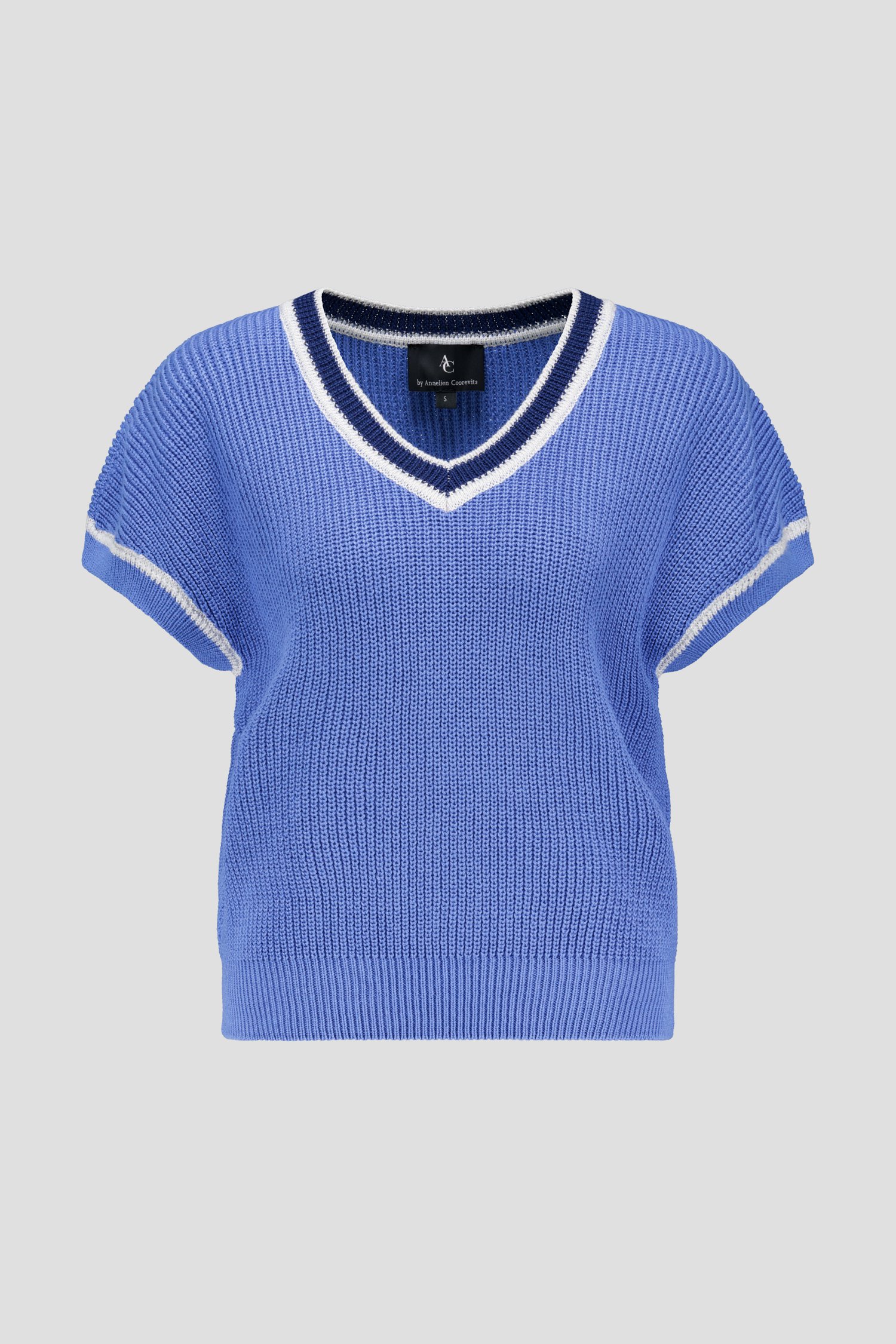 Pull bleu tricoté à manches courtes de AC by Annelien Coorevits pour Femmes