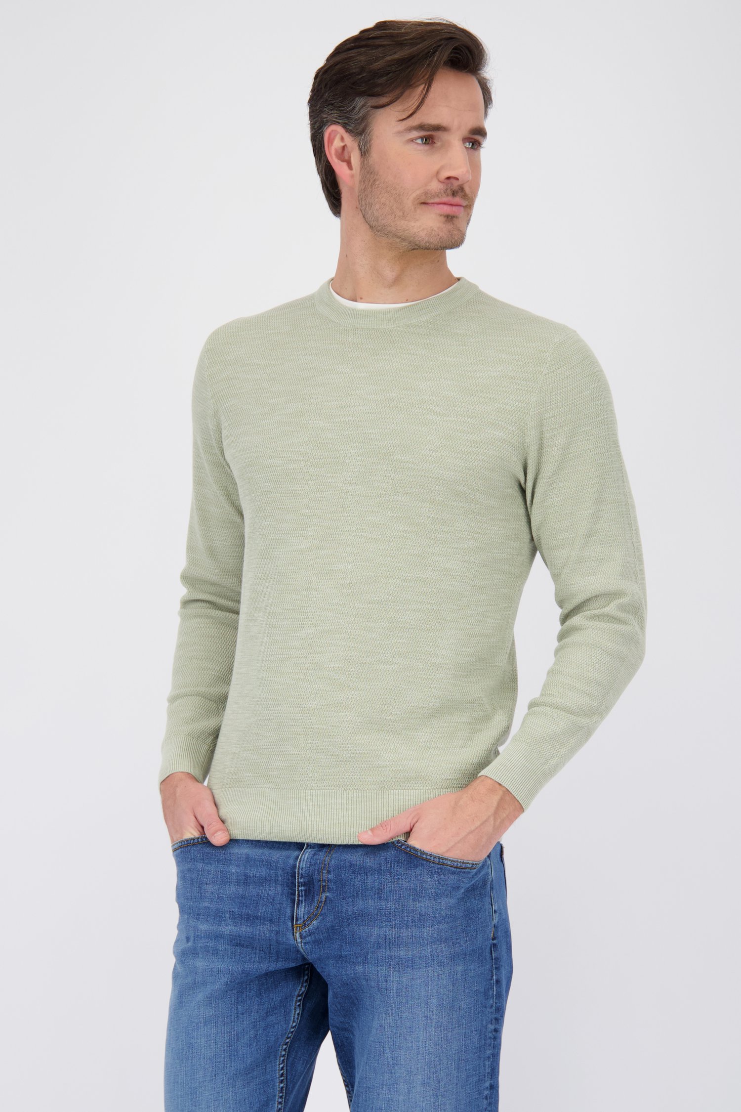 Pull en maille fine beige-vert avec col rond de Michaelis pour Hommes