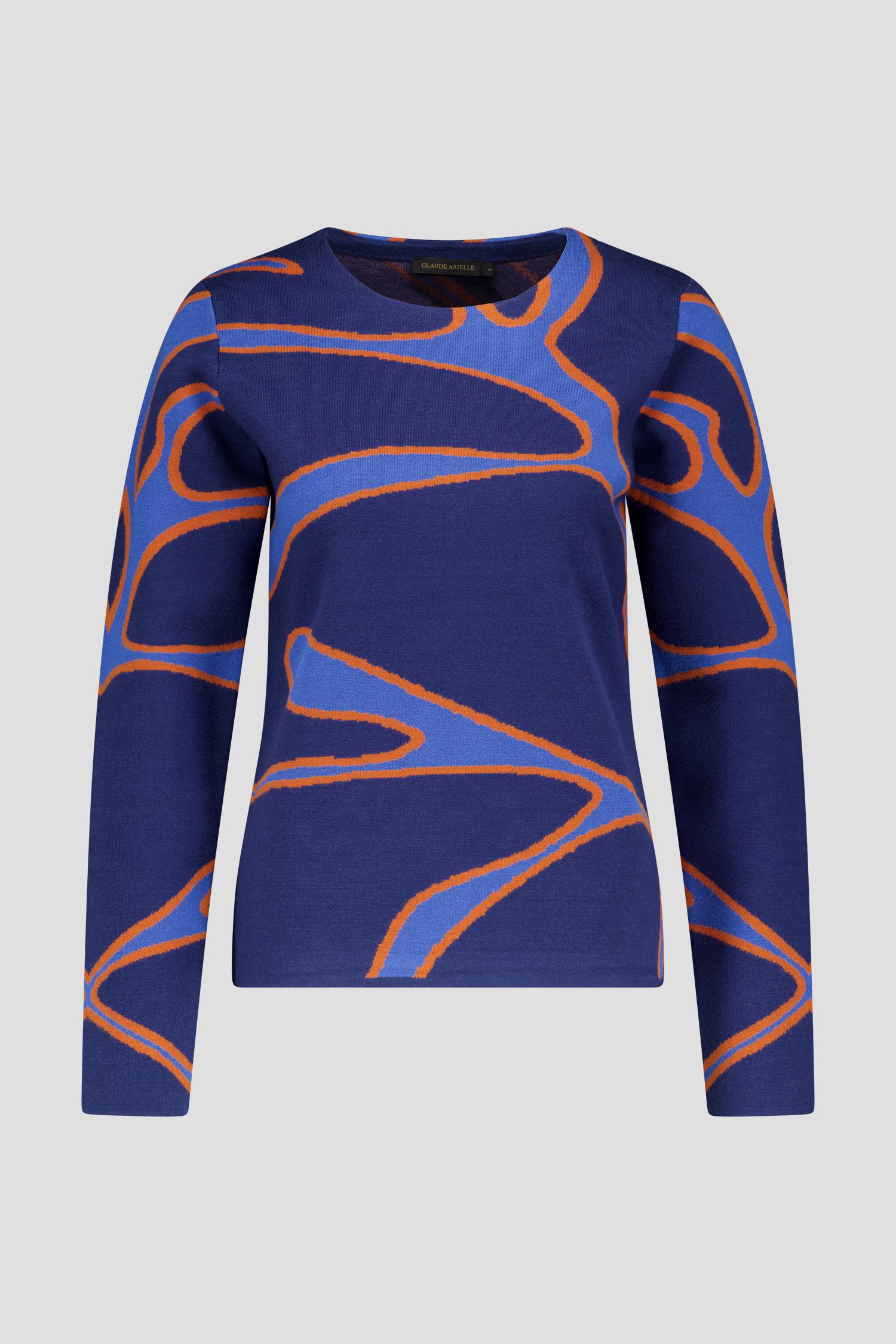 Pull fin bleu avec motif orange de Claude Arielle pour Femmes