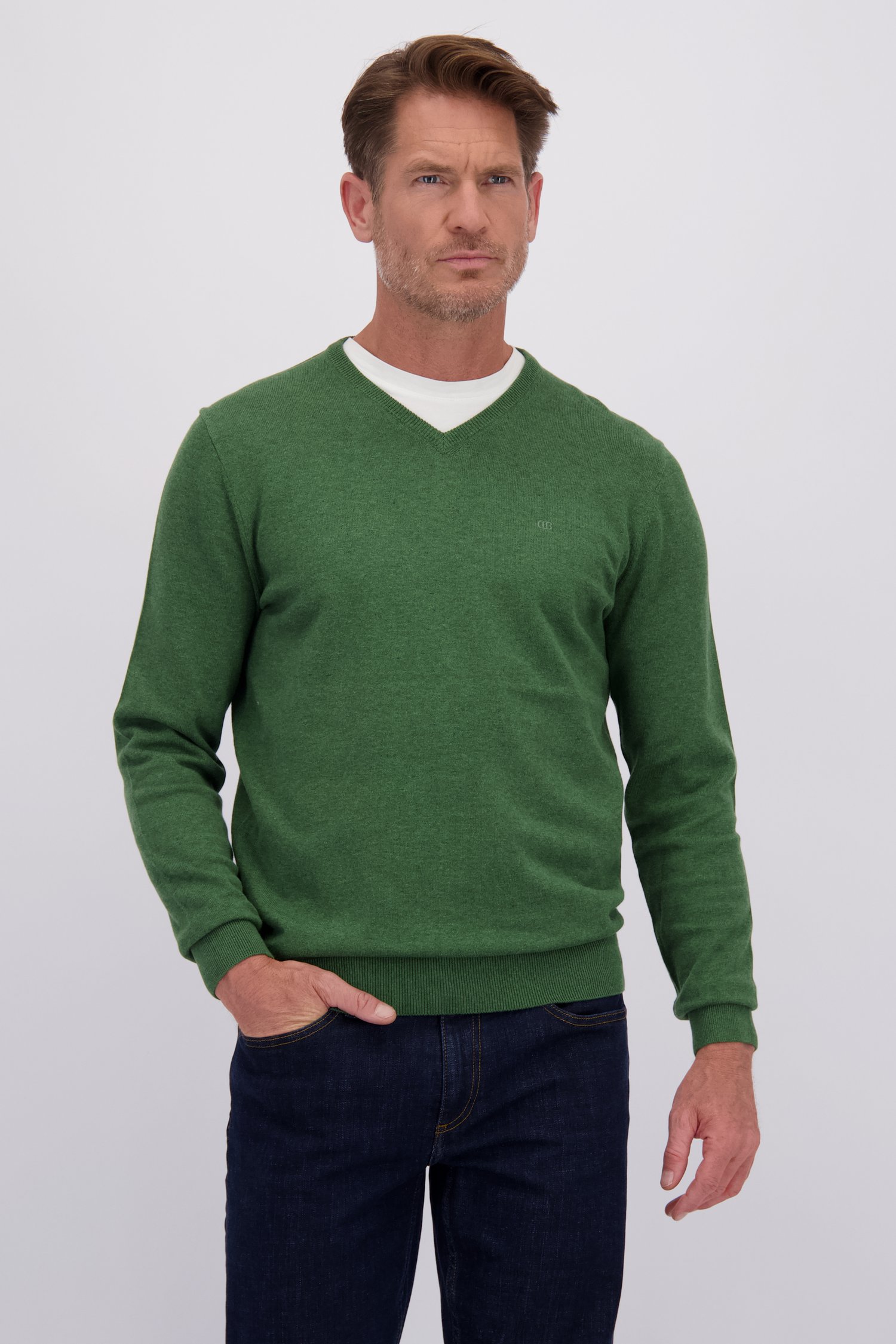 Le devant de Pull fin vert à col en V de Dansaert Blue pour Hommes