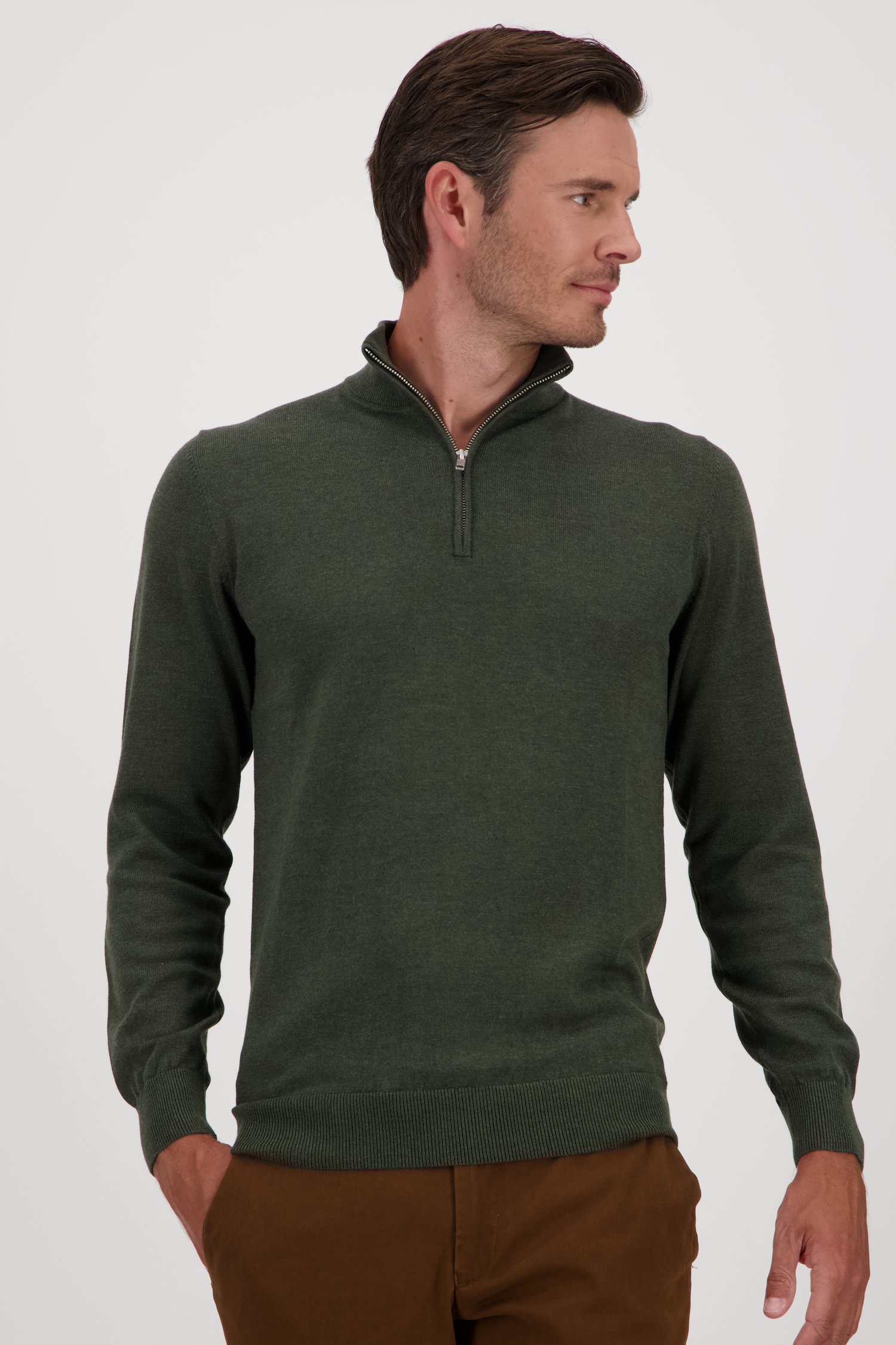 Pull fin zippé vert foncé	 de Michaelis pour Hommes