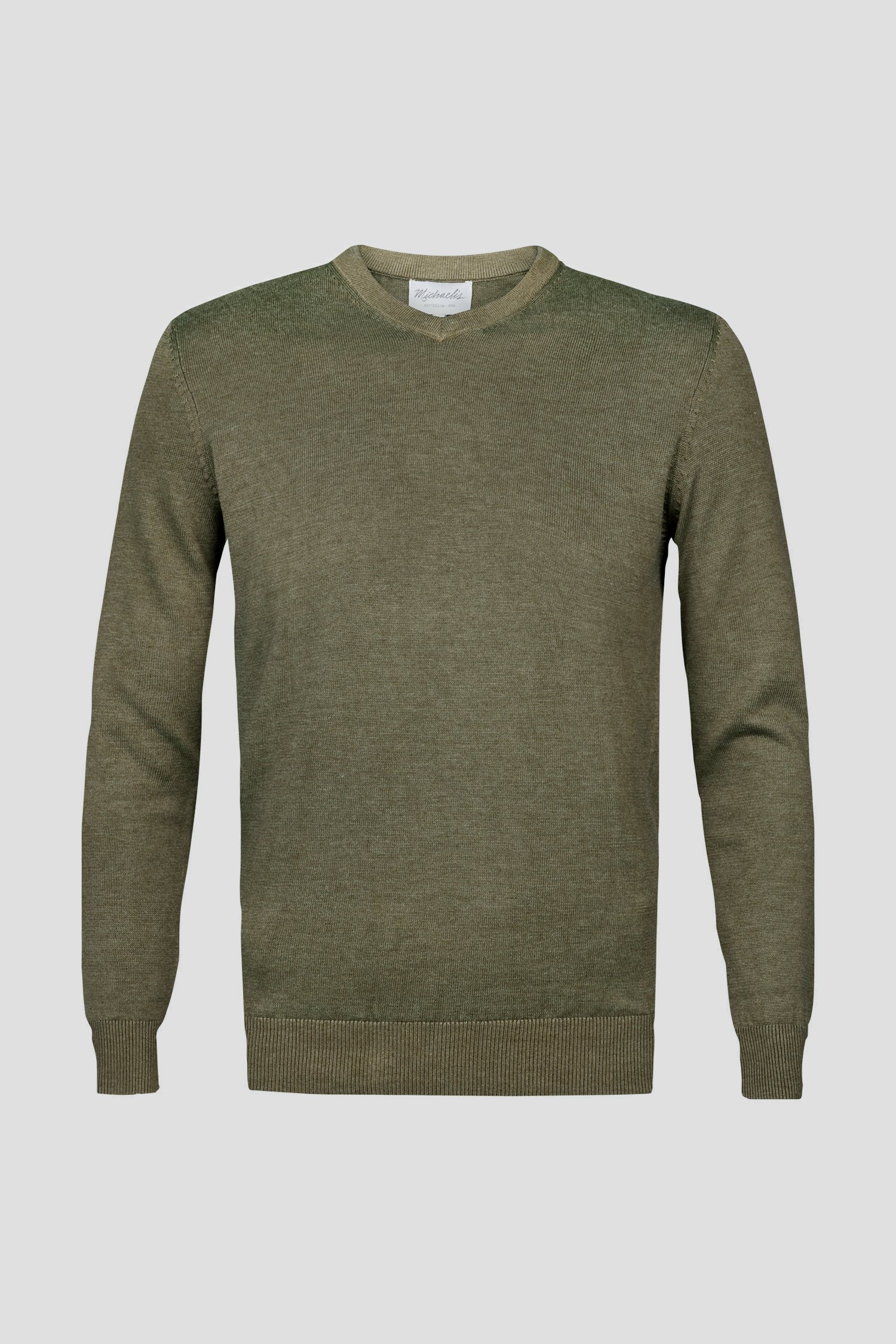Pull kaki fin avec col en V de Michaelis pour Hommes