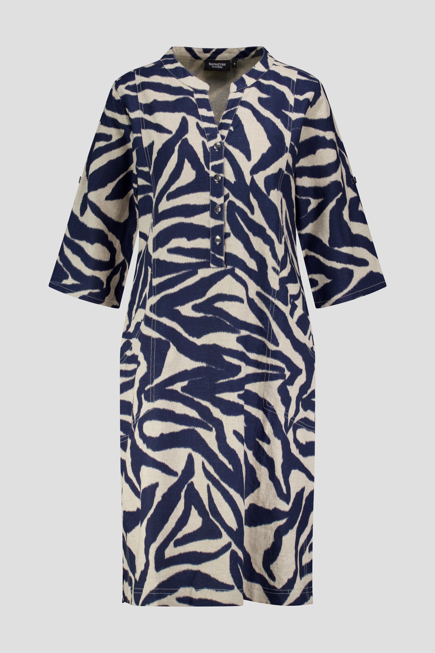 Robe beige clair en lin à imprimé bleu foncé de Signature pour Femmes