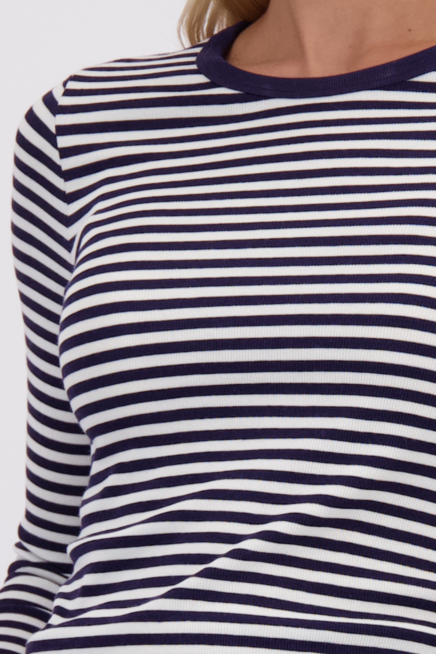 Détail de T-shirt à manches longues rayé blanc et bleu de Liberty Island pour Femmes