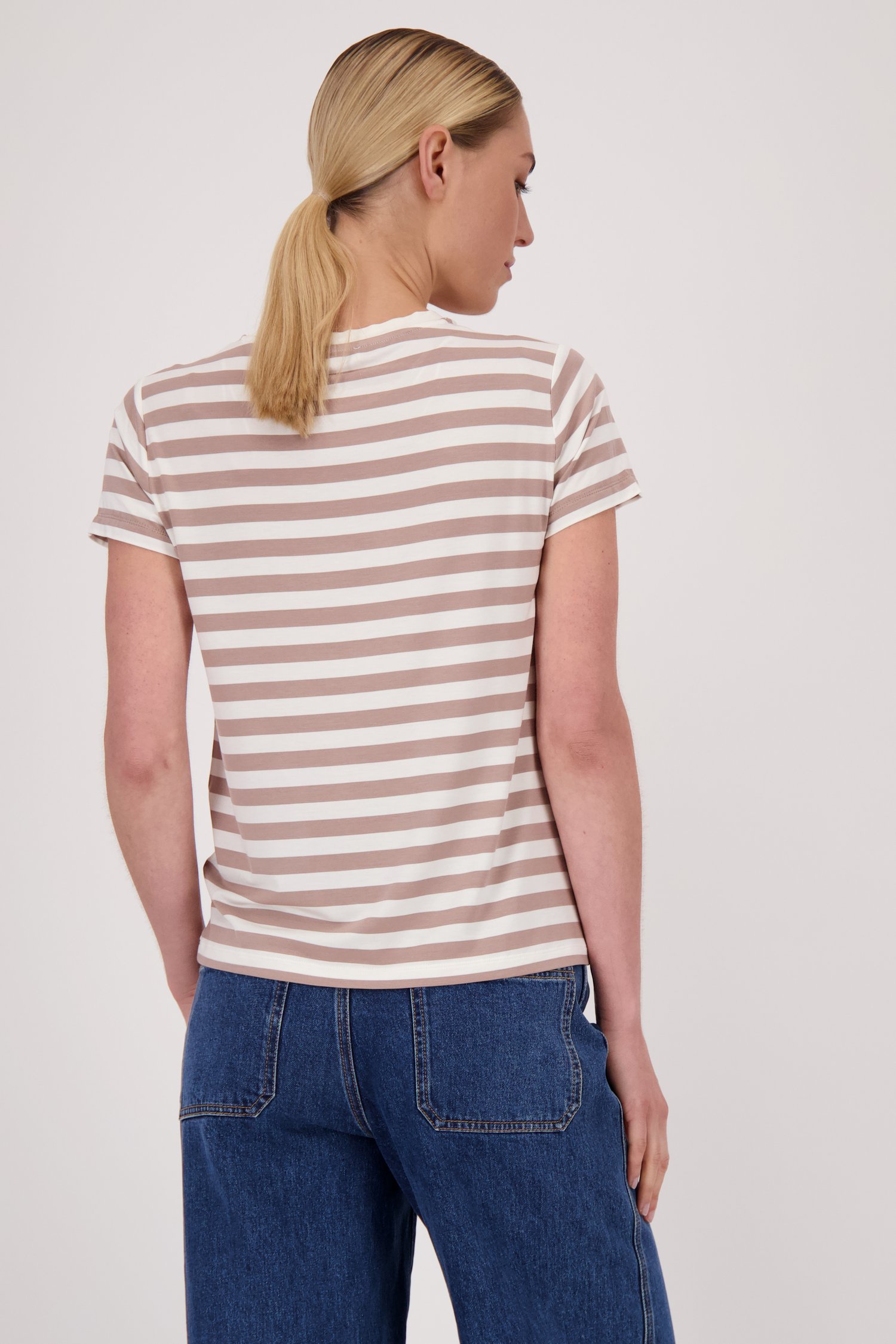 T-shirt blanc à rayures beiges de Liberty Island pour Femmes
