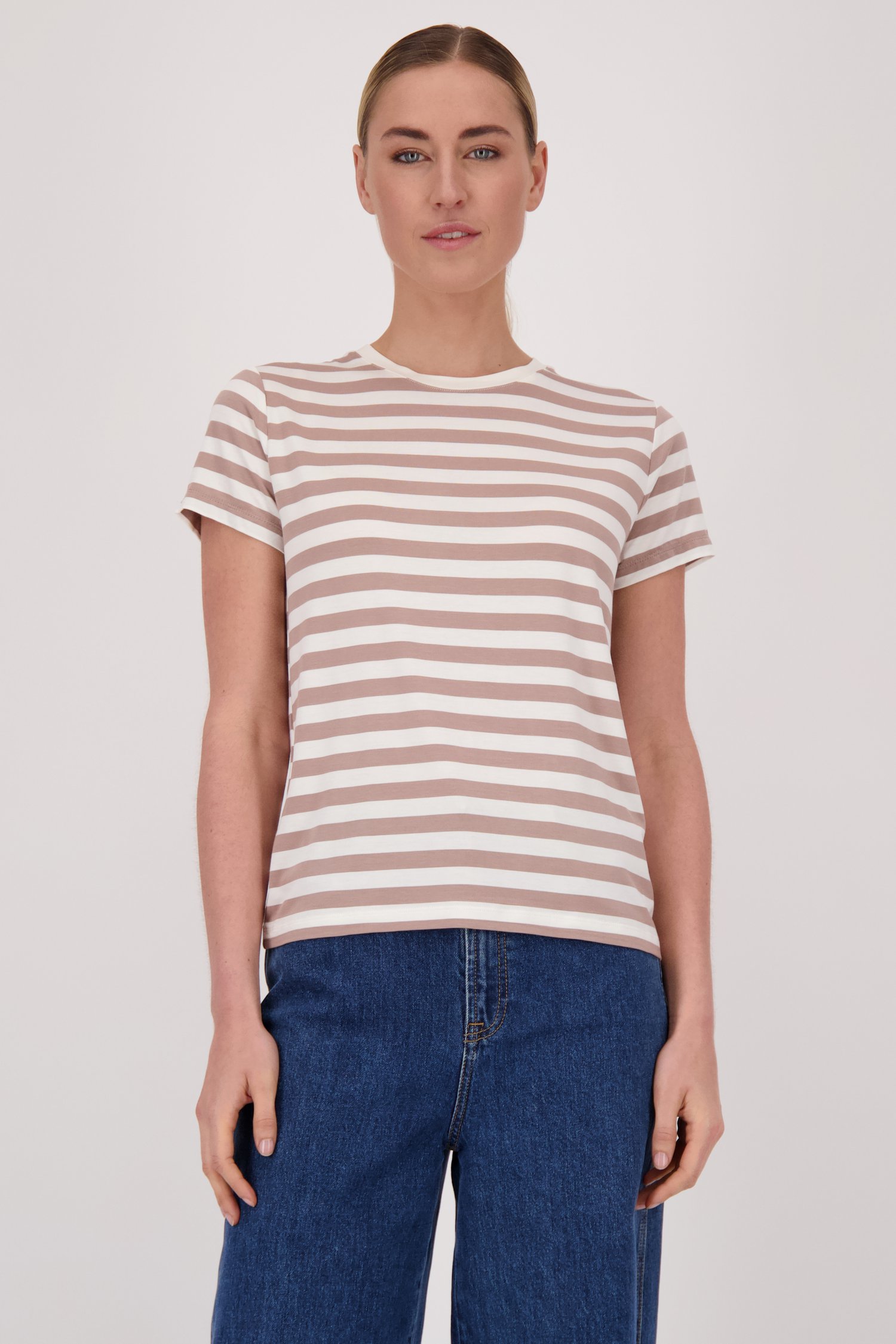 T-shirt blanc à rayures beiges de Liberty Island pour Femmes