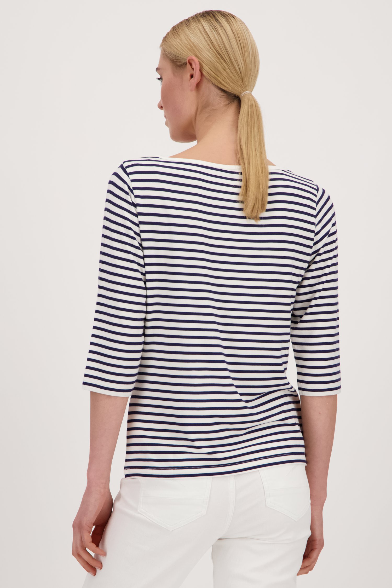 T-shirt blanc à rayures bleues de Liberty Island pour Femmes