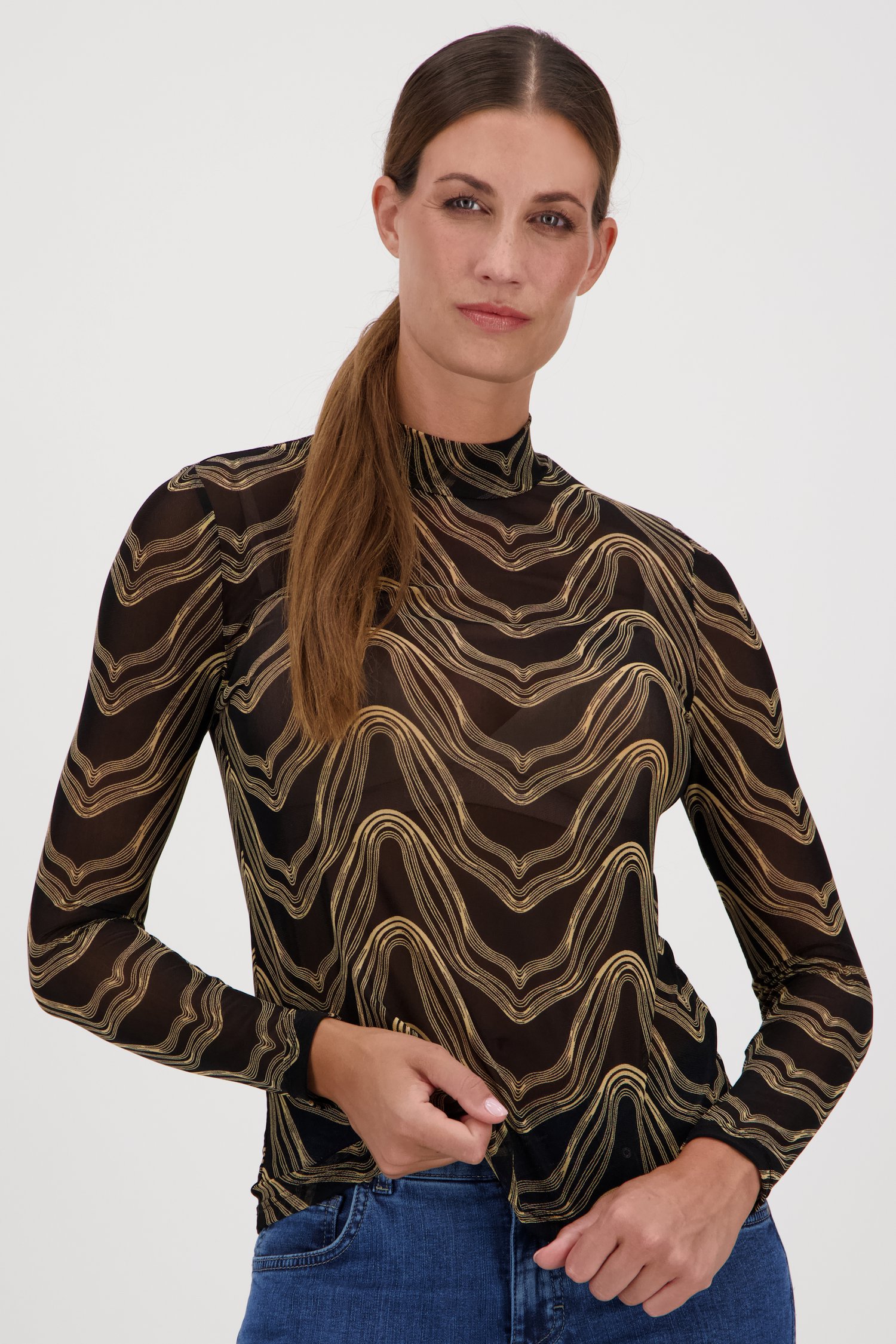 T-shirt noir fin à motif beige	 de Geisha pour Femmes