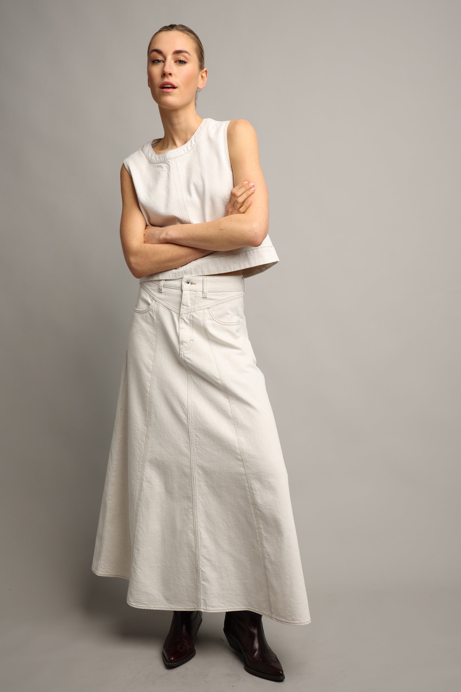 Voorkant van Wijde ecru jeansrok  door Liberty Island Denim voor Dames