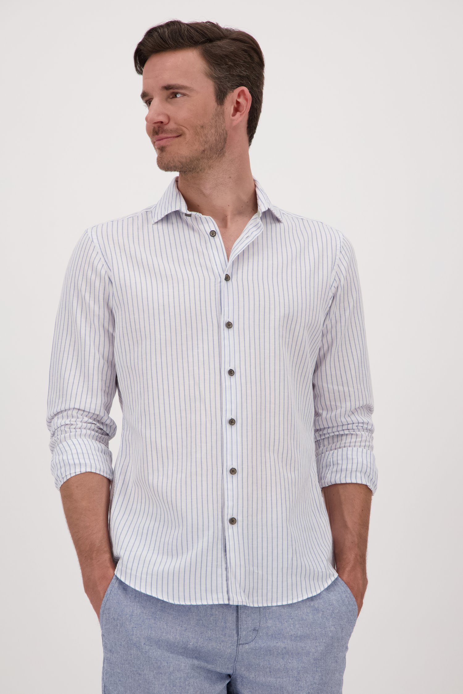 Wit-blauw gestreept hemd met linnen - fit van Upper East | 3564445 | e5