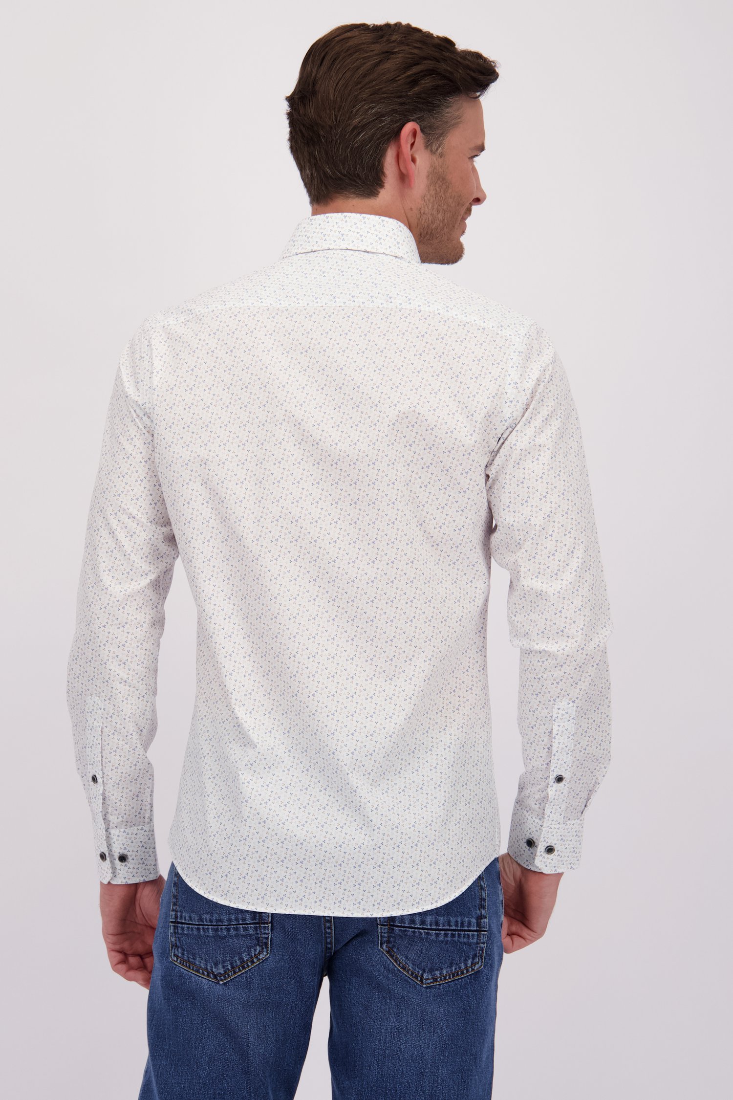 Wit hemd met beige-blauwe print - Slim fit van Michaelis voor Heren