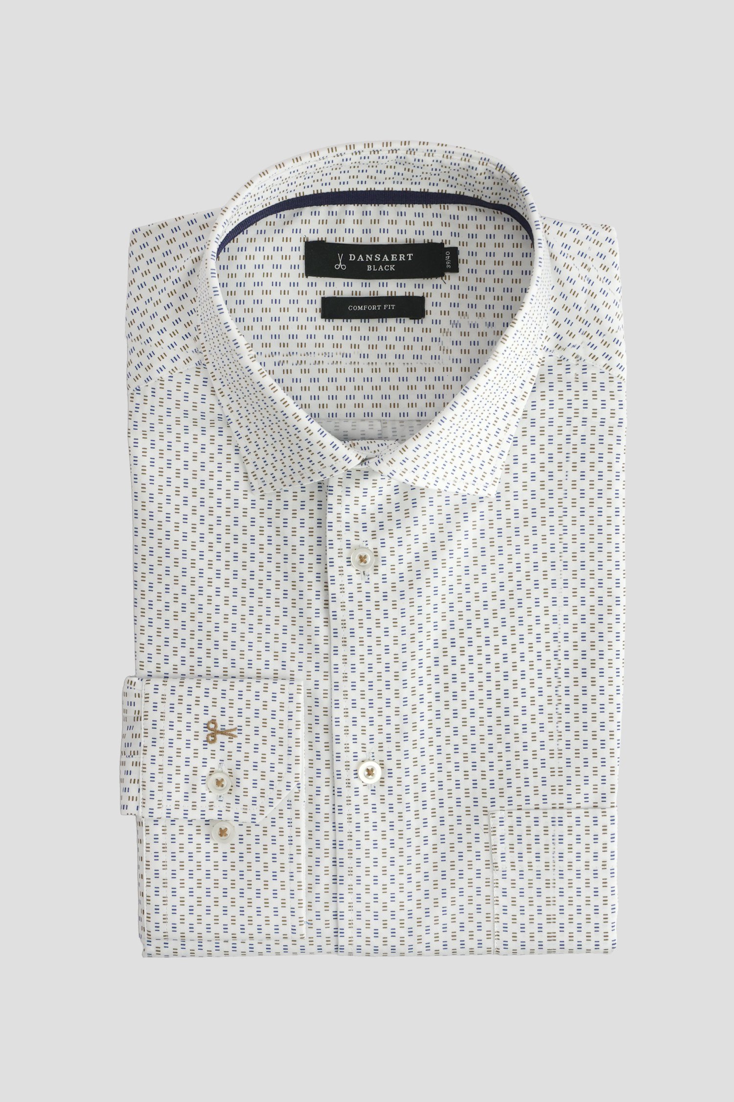 Voorkant van Wit hemd met fijne blauw-beige print - Comfort fit door Dansaert Black voor Heren