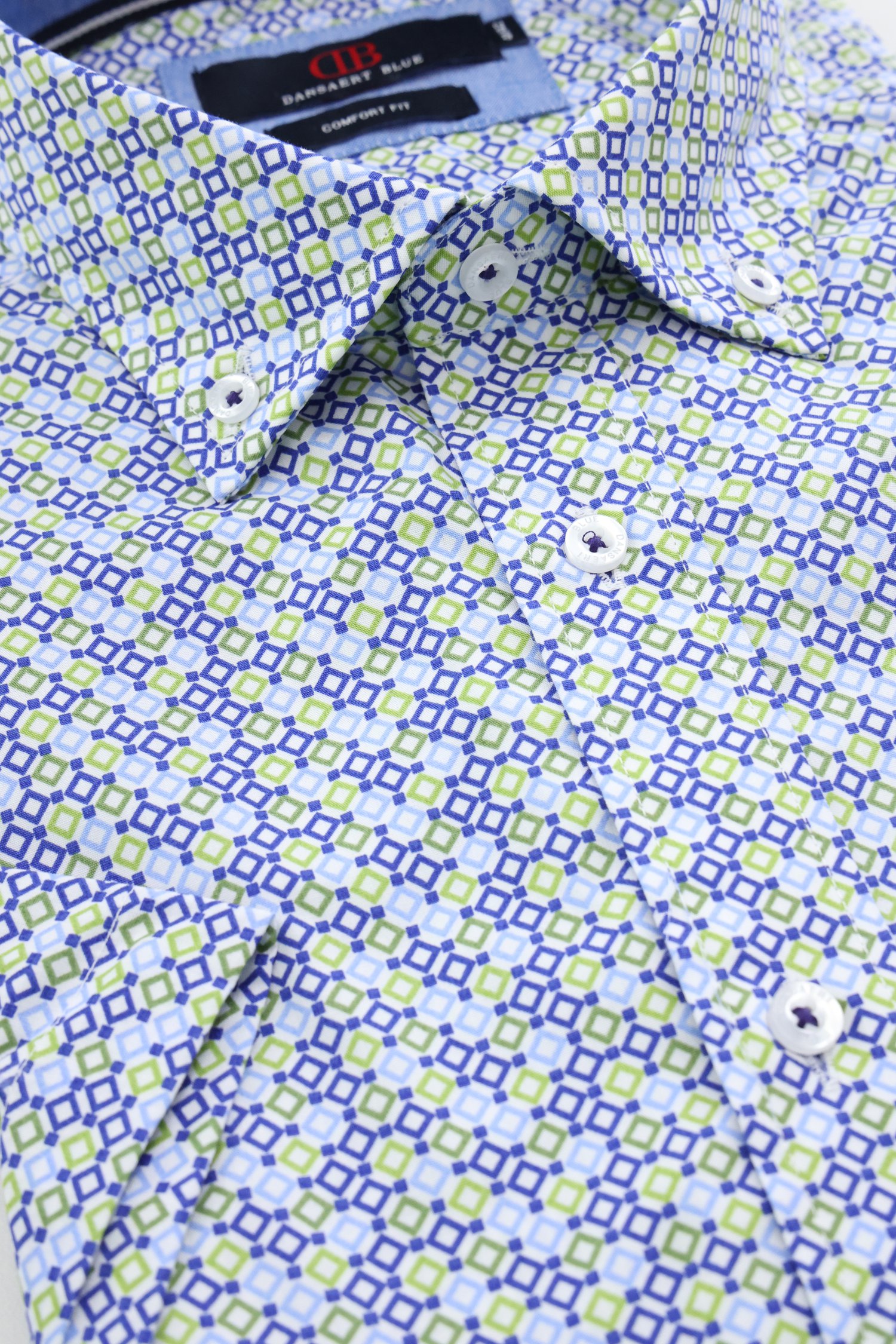 Wit hemd met groen-blauwe miniprint – Comfort fit van Dansaert Blue voor Heren