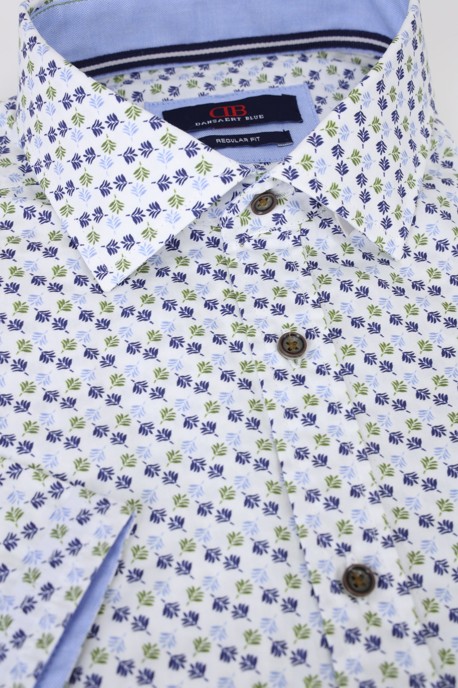 Wit hemd met groen-blauwe miniprint – Regular fit van Dansaert Blue voor Heren