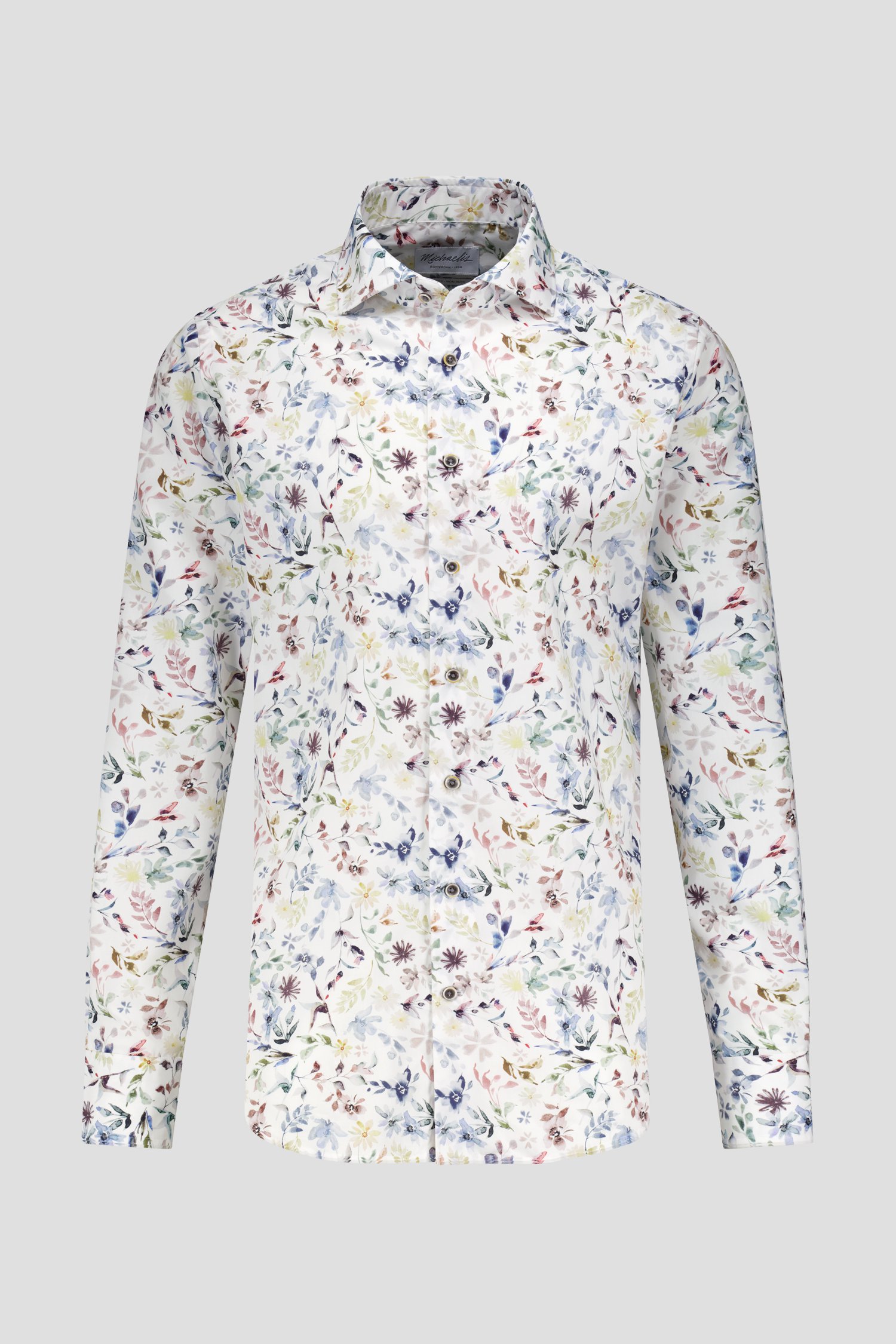 Productfoto 3 van Wit hemd met kleurrijke bladerprint - Slim fit door Michaelis voor Heren