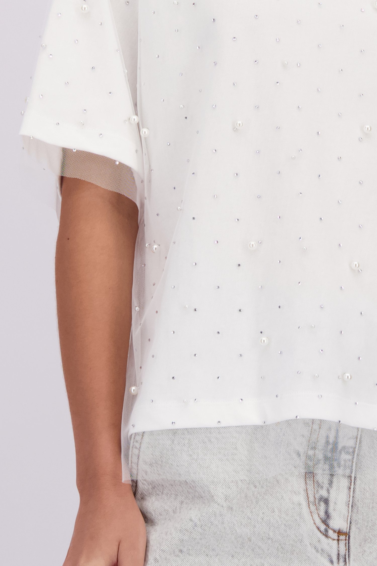 Detail van Wit T-shirt met parels en strass door Louise voor Dames