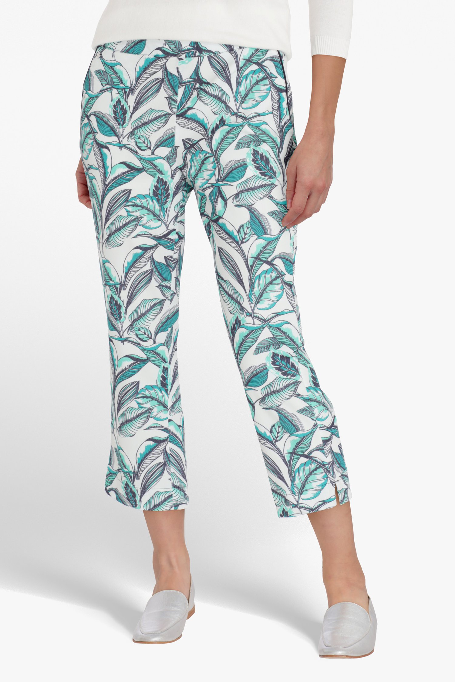 Witte broek met groene print en elastische taille van Claude Arielle voor Dames