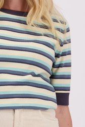 Detail van Beige-blauw gestreepte trui met korte mouwen door Libelle voor Dames