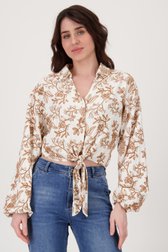 Beige blouse met strik en bruine bloemenbroderie van Geisha voor Dames