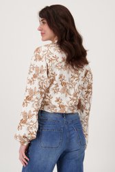 Beige blouse met strik en bruine bloemenbroderie van Geisha voor Dames