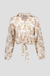 Beige blouse met strik en bruine bloemenbroderie van Geisha voor Dames